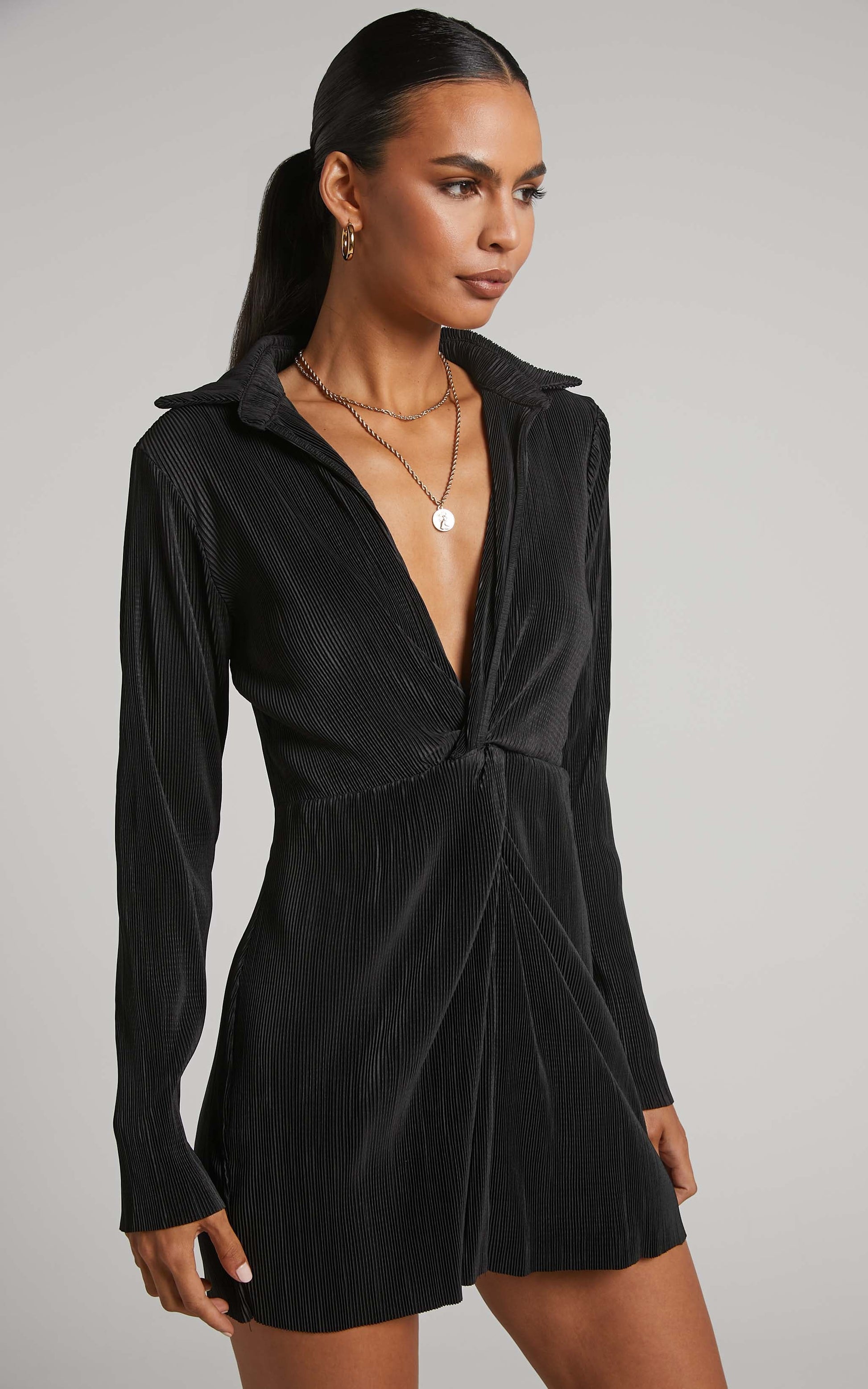 Amarante Mini Dress - Plisse Twist Front Shirt Dress in Black