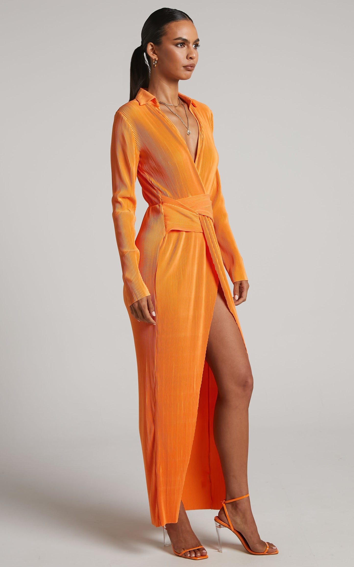 Amarante Maxi Dress - Plisse Twist Front Long Sleeve Shirt Dress in Orange