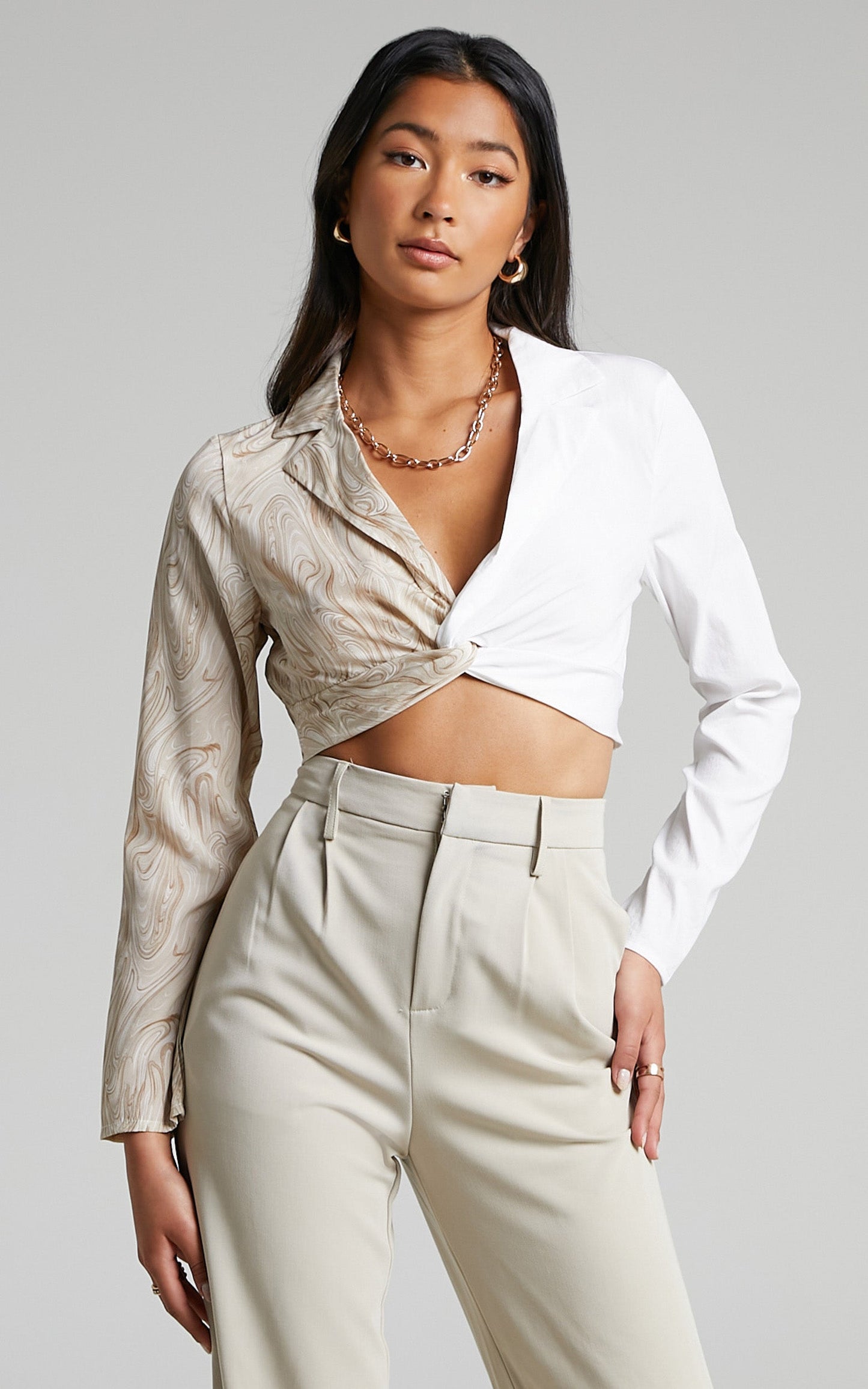 Baddeth Long Sleeve Top with Twist Front in White and Beige