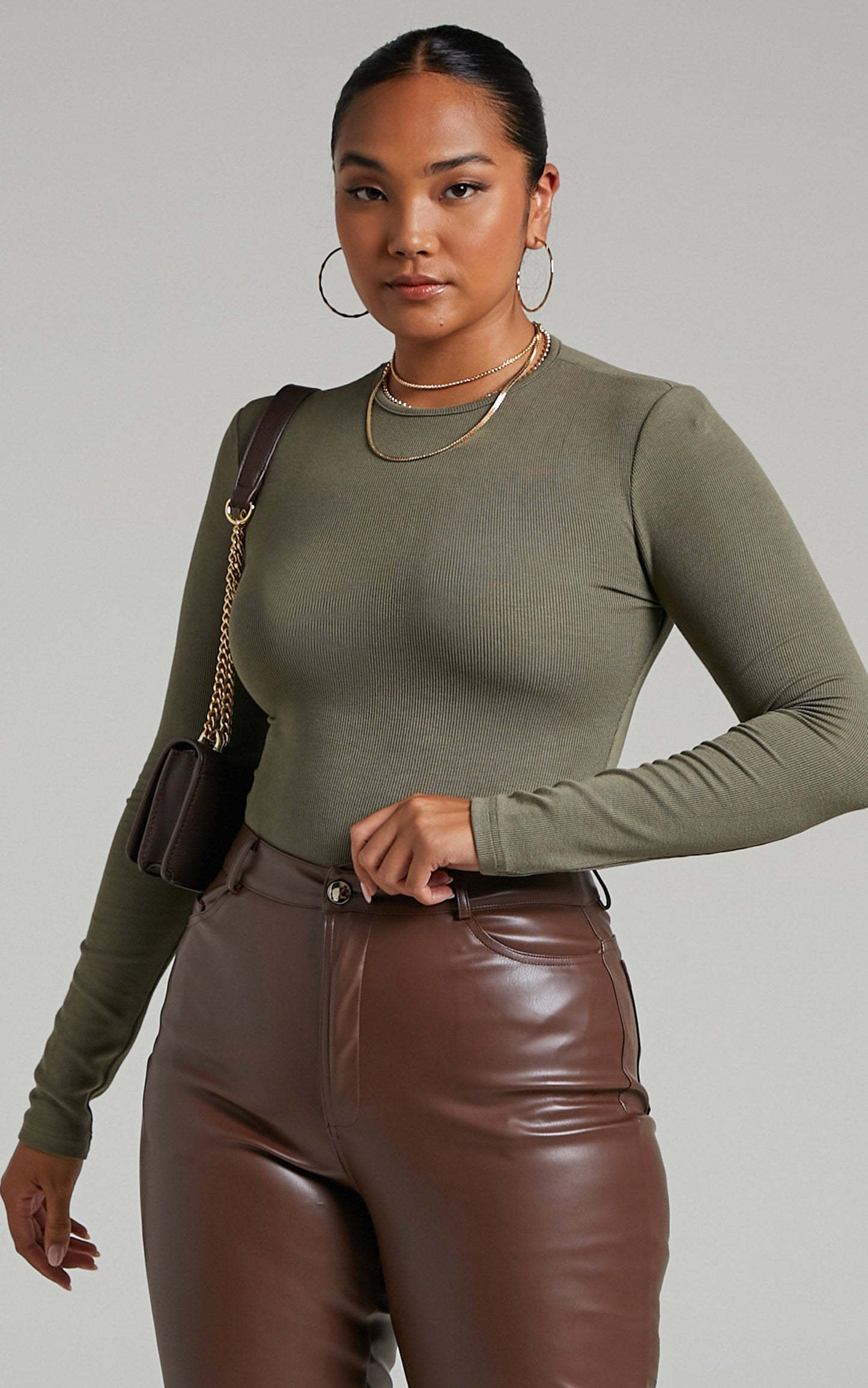 Billa Long Sleeve Ribbed Bodysuit in Khaki