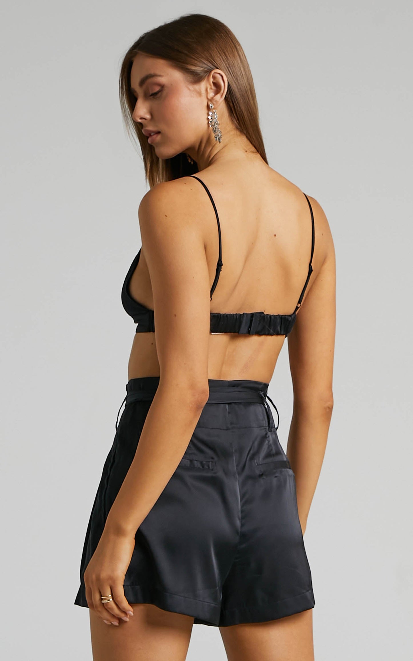 Blaze Shorts - Belted High Rise Paper Bag Satin Shorts in Black