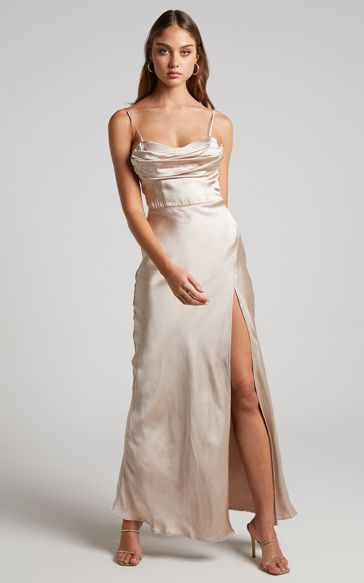 Brody Midi Dress - High Split Bodice Slip Dress in Oyster