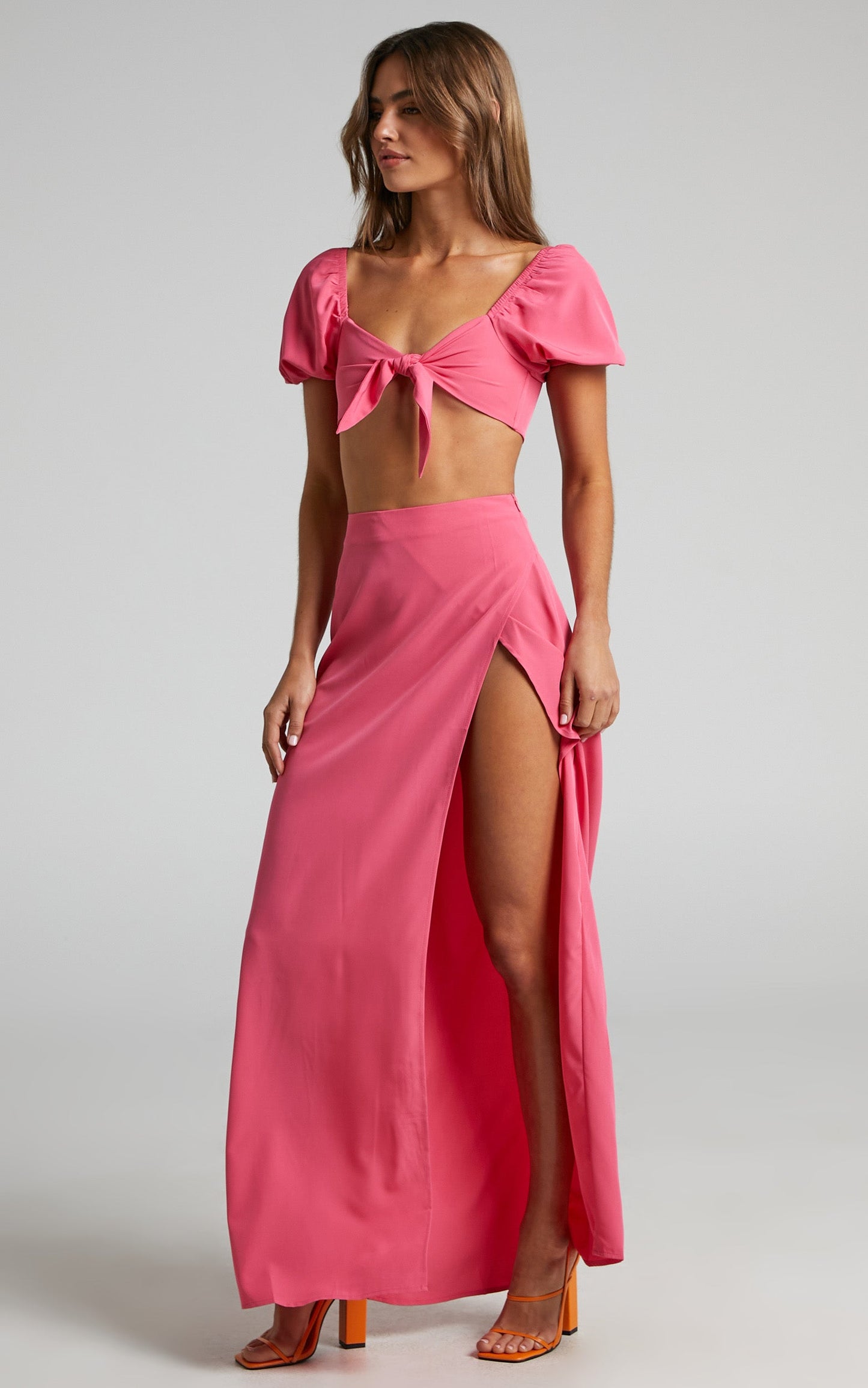 Cyria Two Piece Set - Tie Front Puff Sleeve Crop Top and Midi Skirt Set in Pink