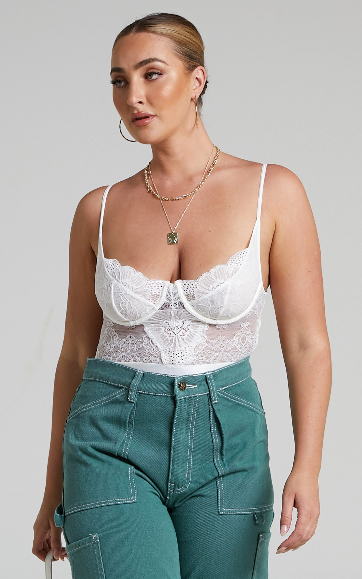 Tharamay Strappy Open Back Lace Bodysuit in White