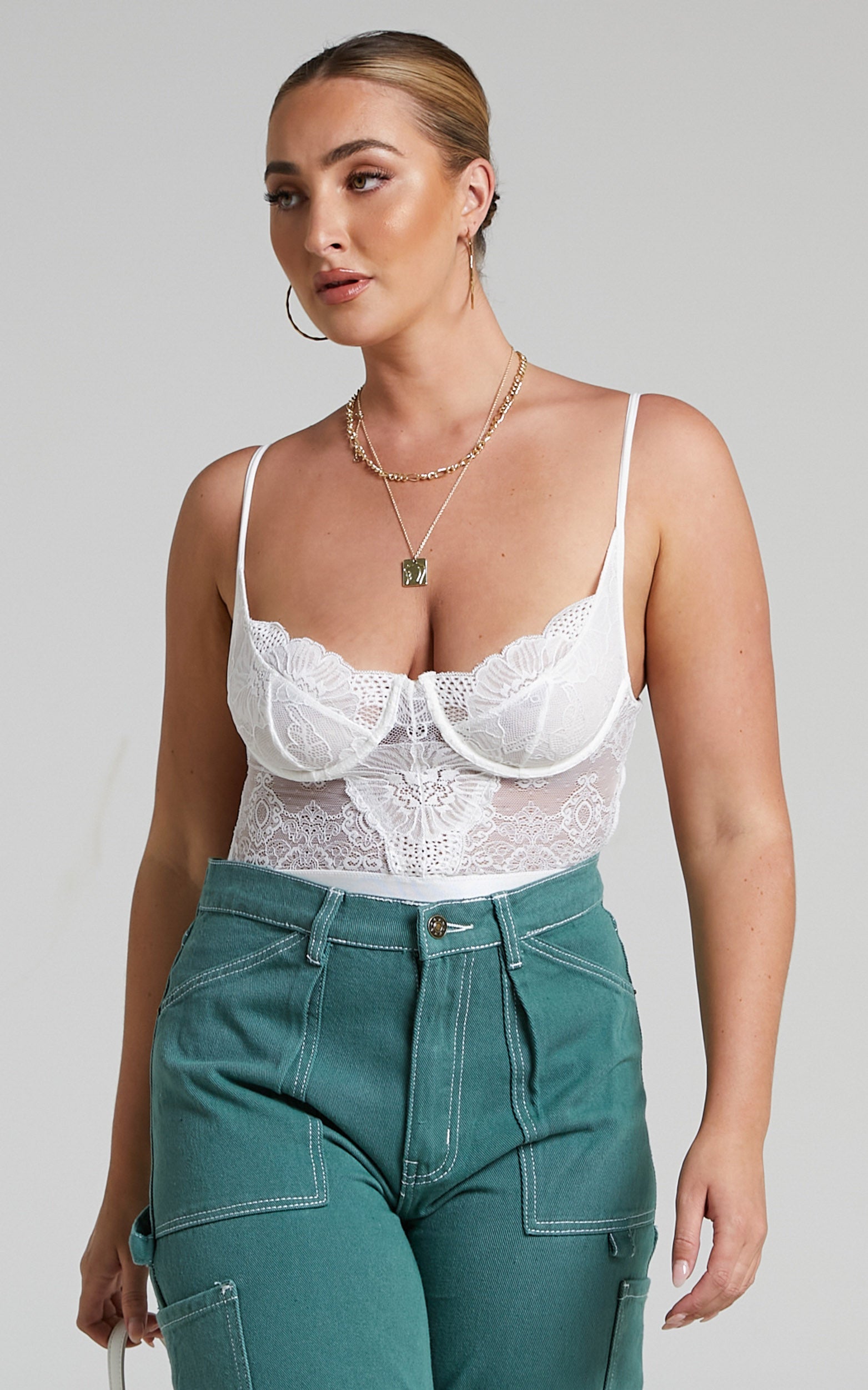 Tharamay Strappy Open Back Lace Bodysuit in White
