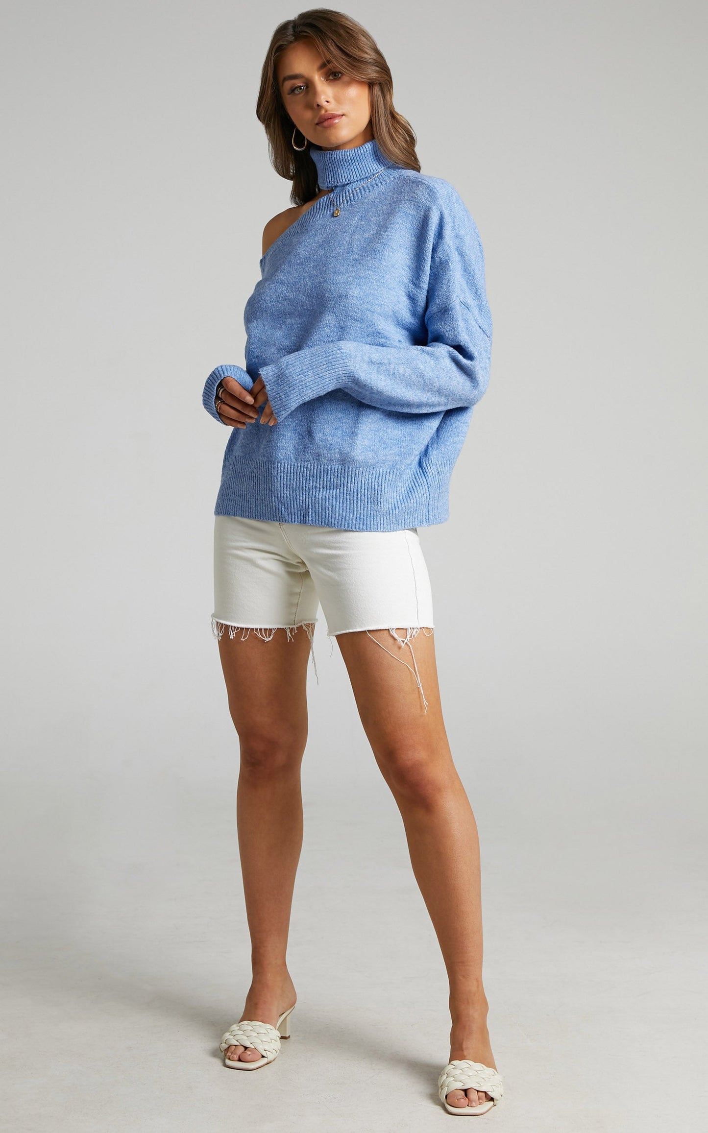 Ceila Knit Top with Shoulder Cut Out in Cornflower Blue