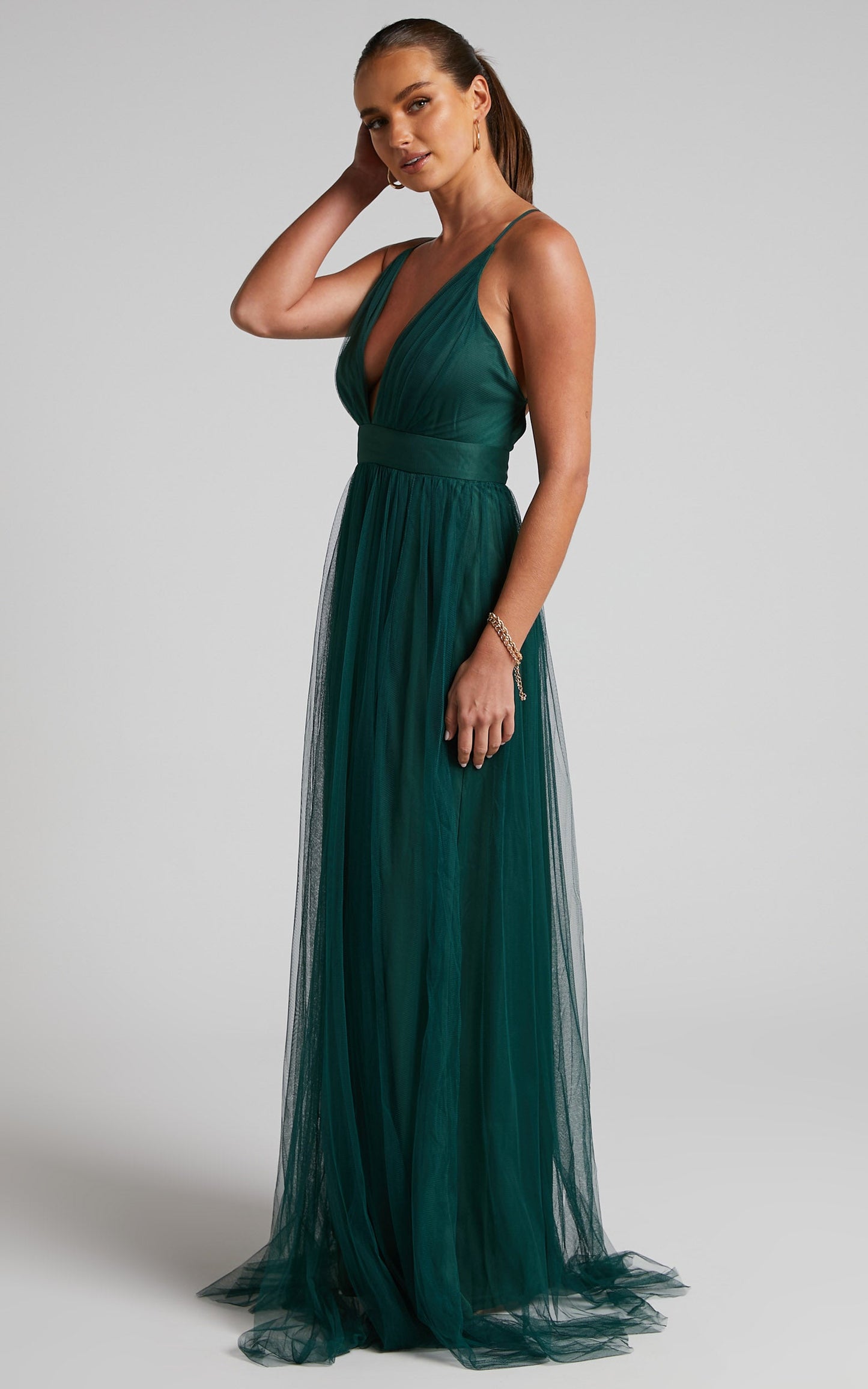 Celebrate Tonight Maxi Dress - Plunge Neck Tulle Dress in Hunter Green