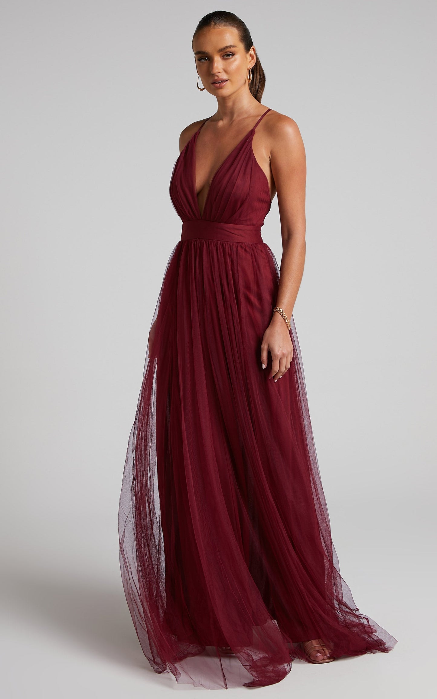 Celebrate Tonight Maxi Dress - Plunge Neck Tulle Dress in Wine