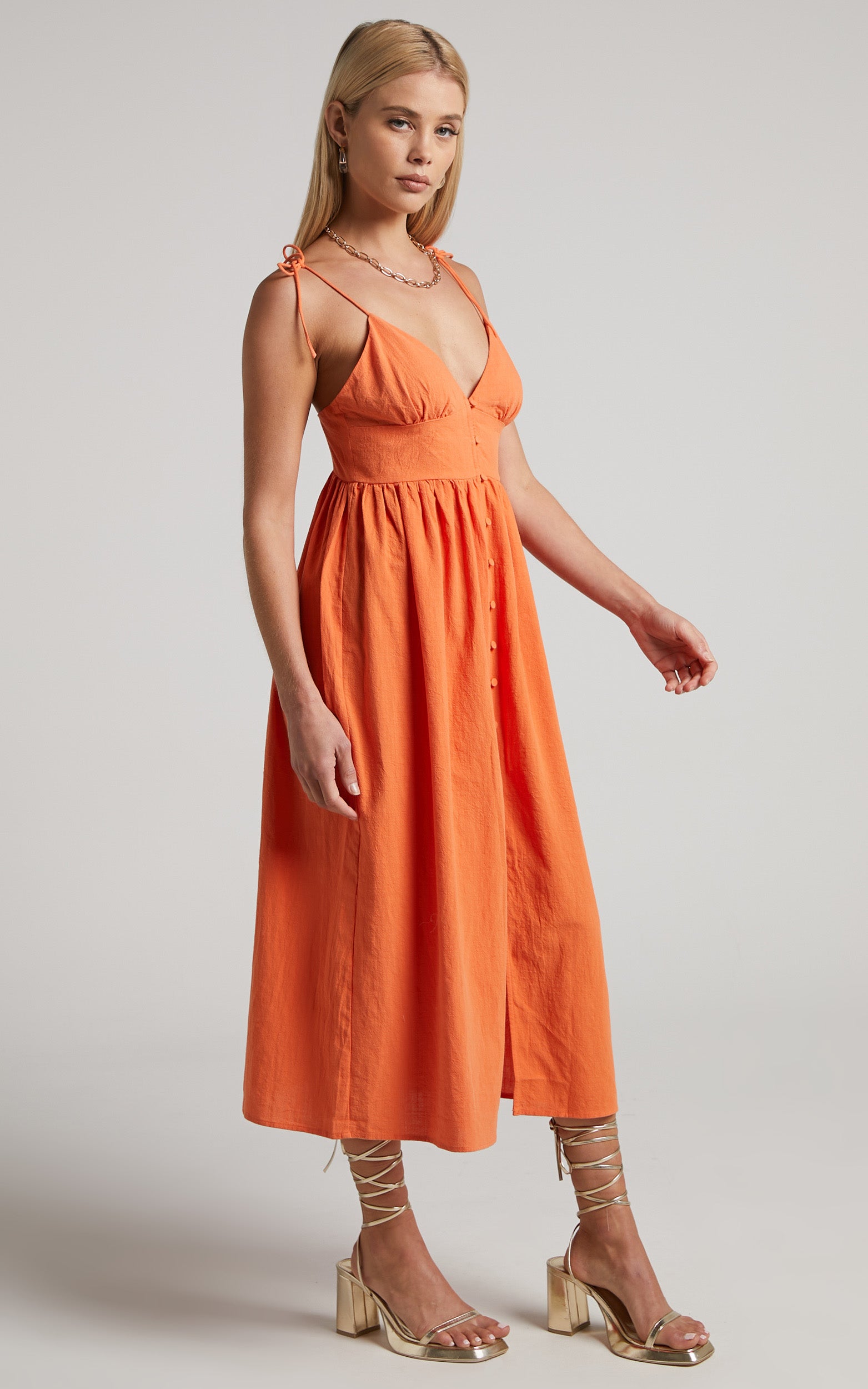 Chalmer Midi Dress - Tie Shoulder V Neck Button Up Dress in Orange