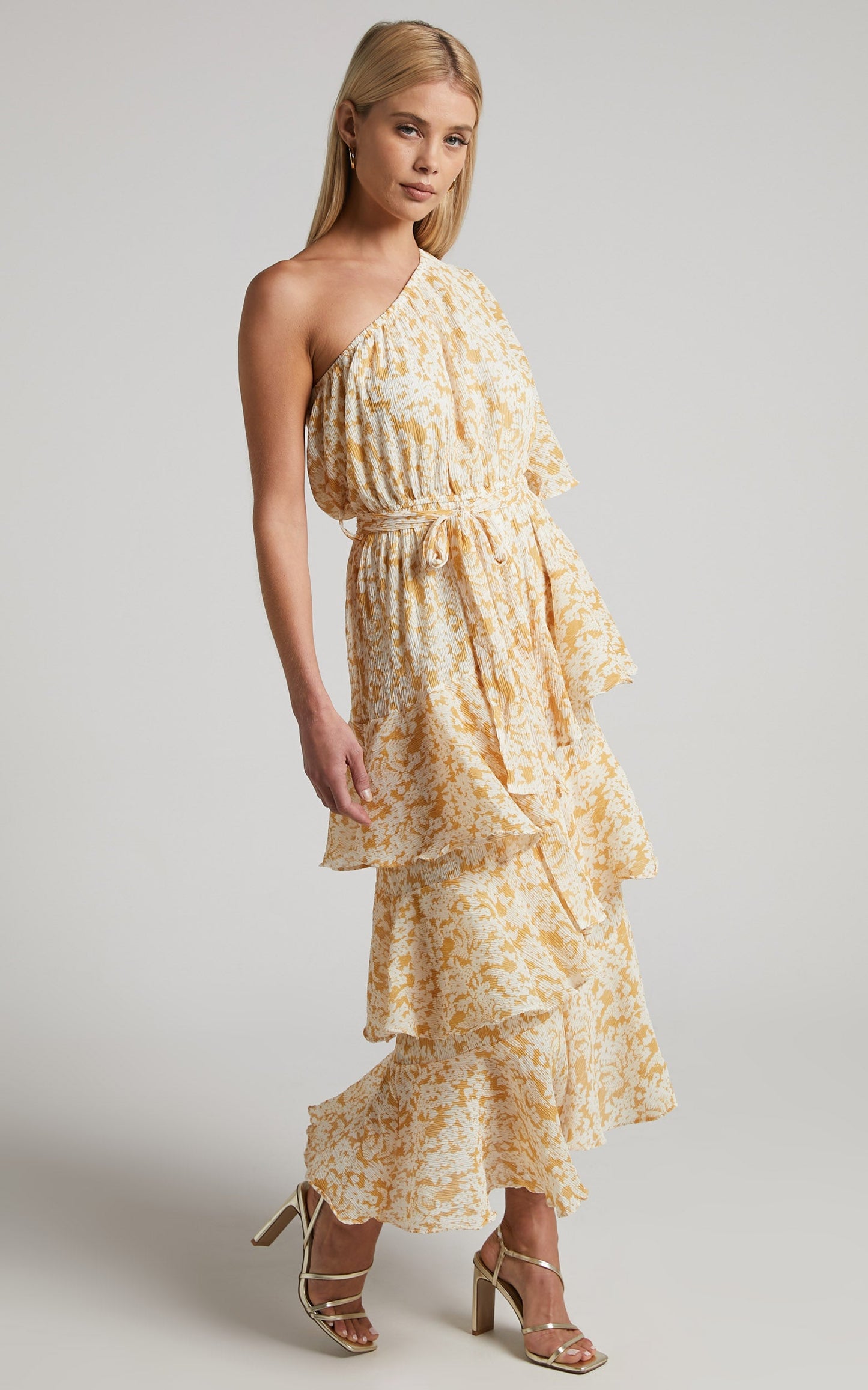Charlise Midi Dress - Tiered One Shoulder Dress in Yellow Floral