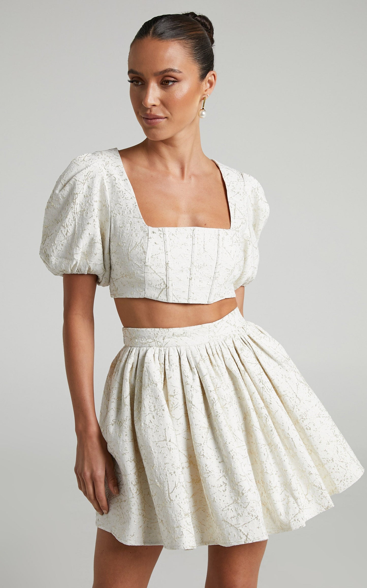 Clarie Two Piece Set - Lurex Jacquard Puff Sleeve Crop Top and Flare Mini Skirt Set in White