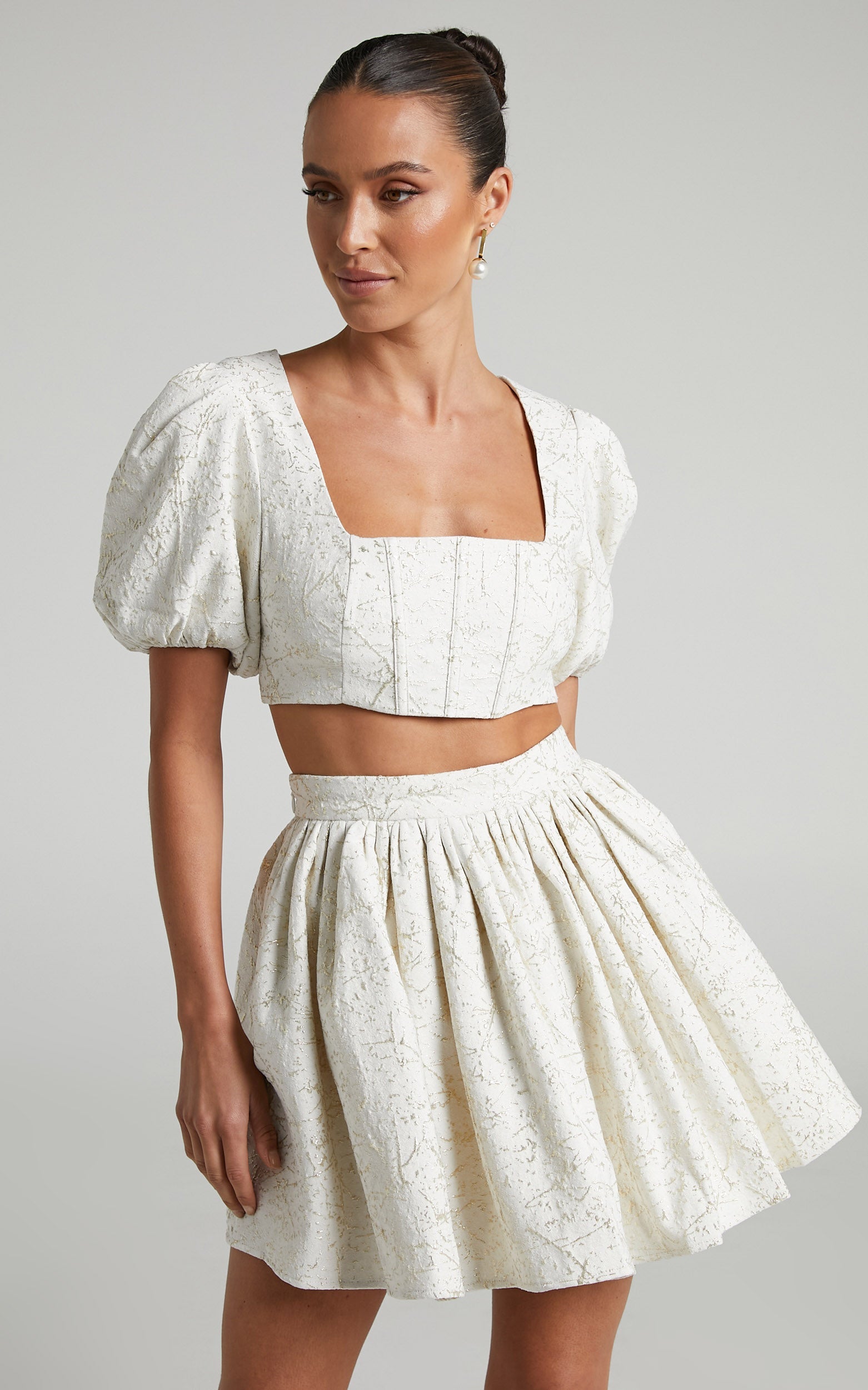 Clarie Two Piece Set - Lurex Jacquard Puff Sleeve Crop Top and Flare Mini Skirt Set in White