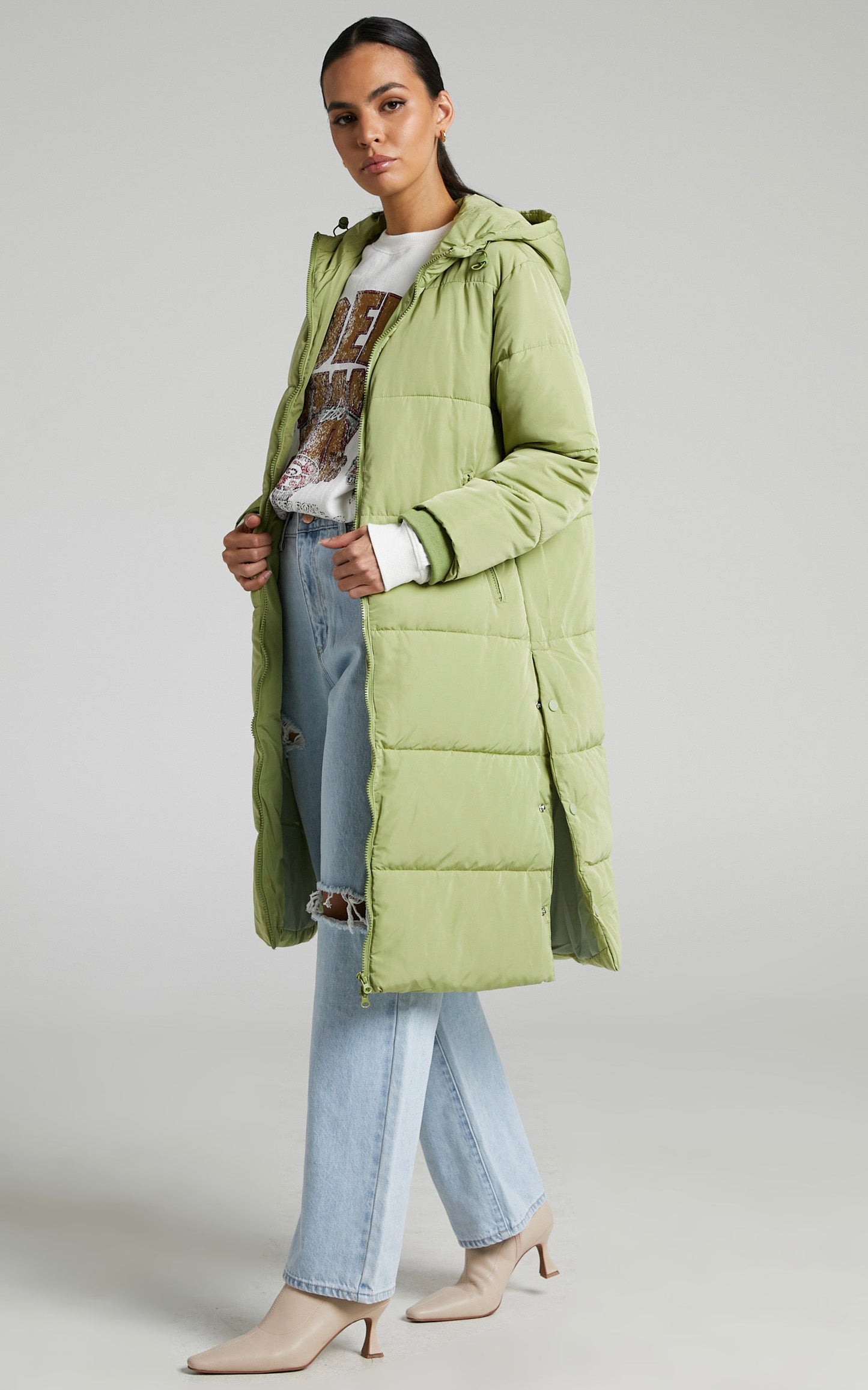 Claude Longline Puffer Coat in Light Green