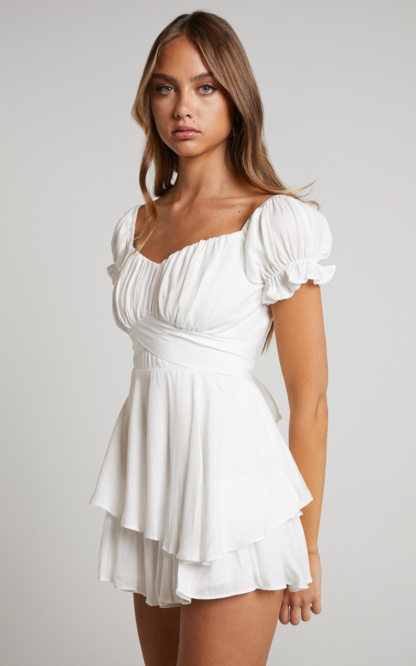 Courtney Playsuit - Off Shoulder Puff Sleeve Ruffle Playsuit in White