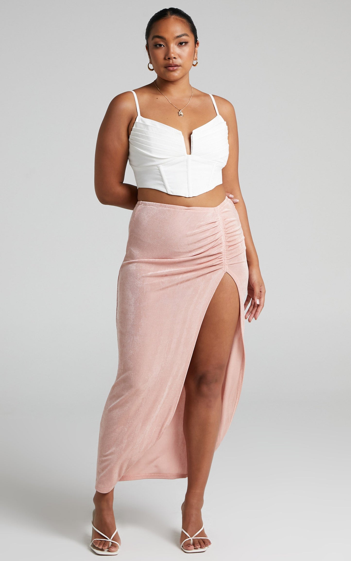 Delicea Midi Skirt - Ruched High Split Slinky Skirt in Pink