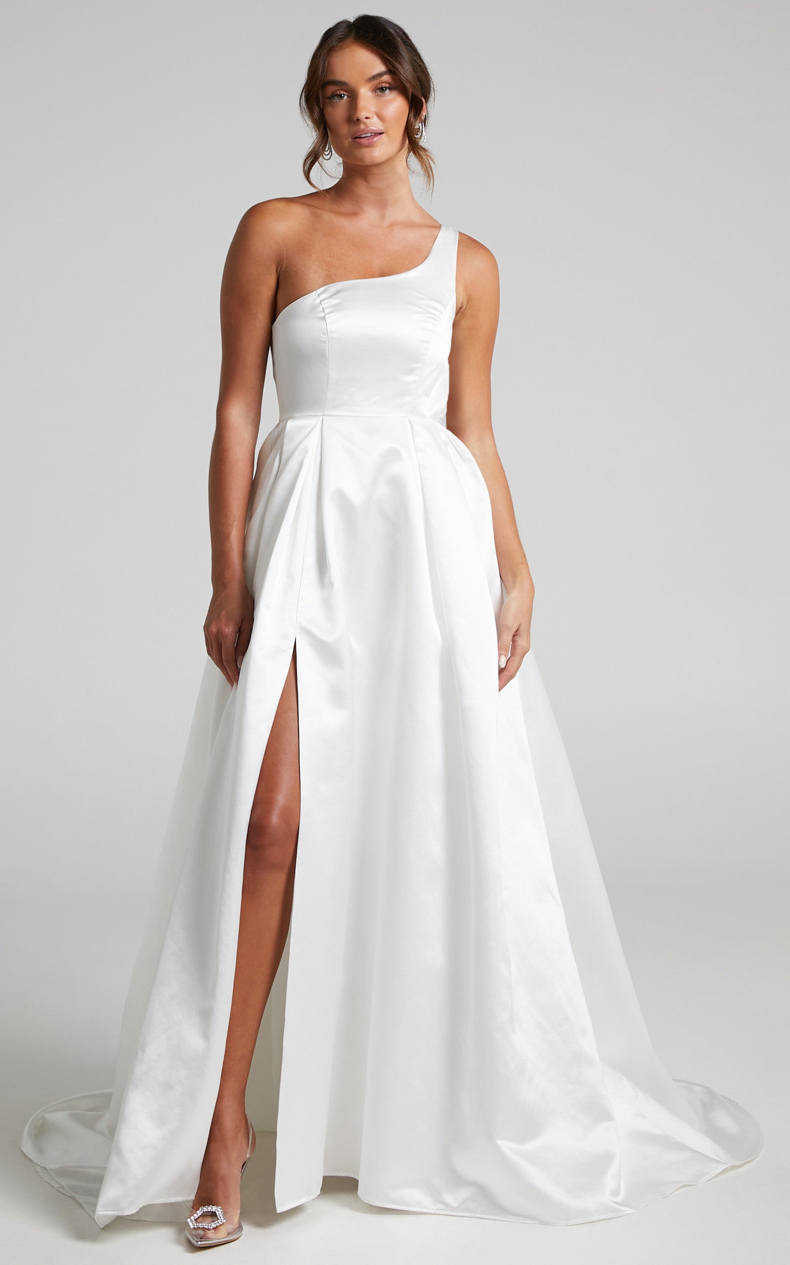 Desire Me Gown - One Shoulder Thigh Split Gown in Ivory Satin