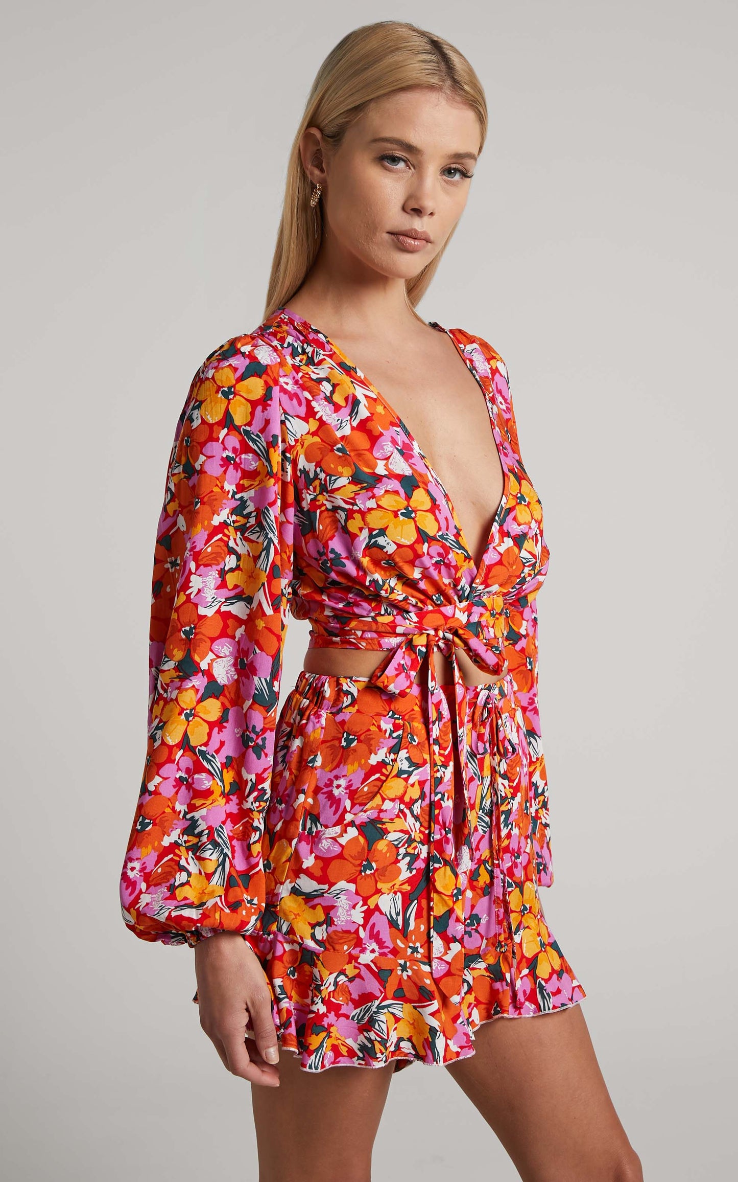 Dyliah Top - Long Sleeve Wrap Crop Top in Spring Floral