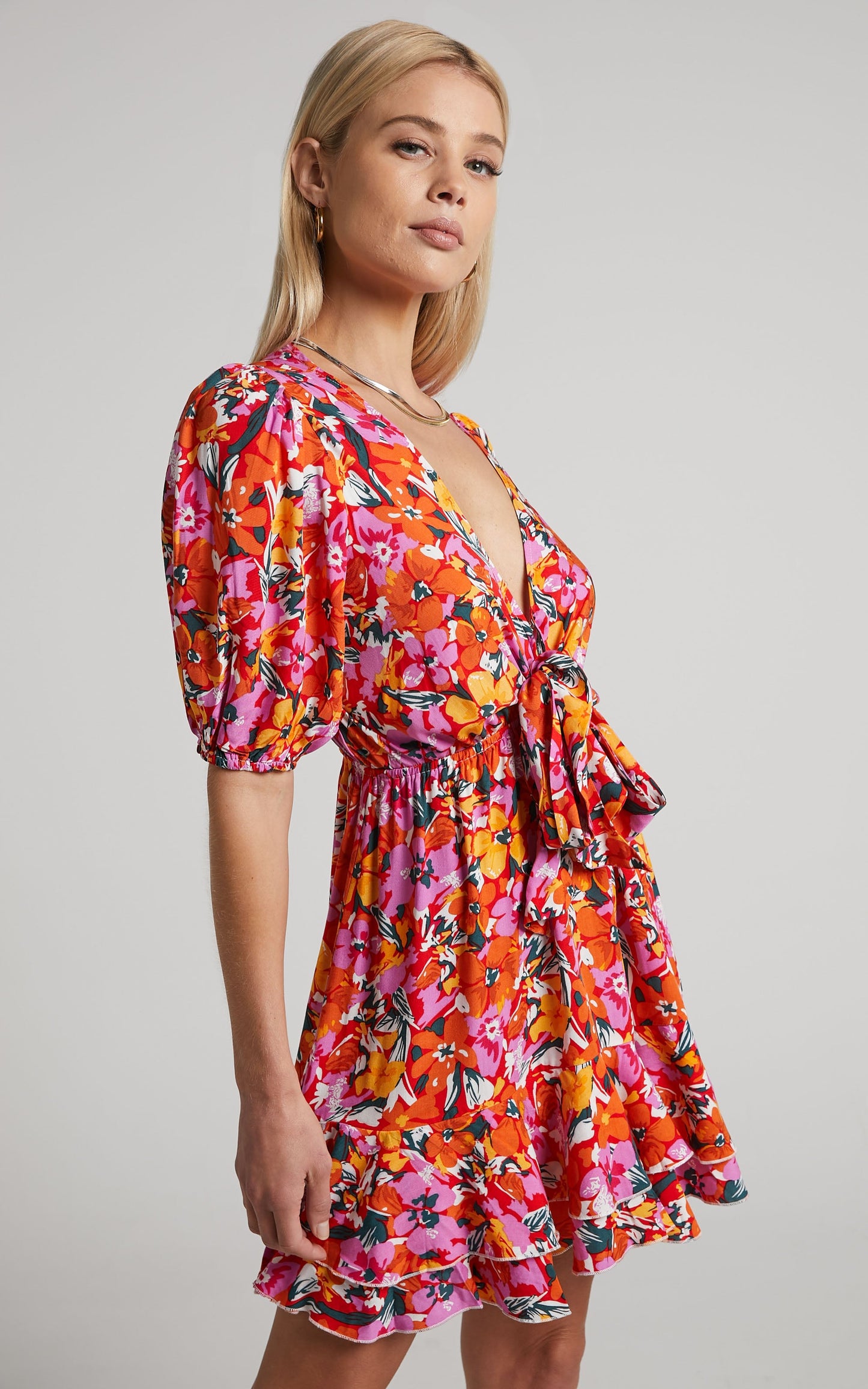 Dyliah Mini Dress - Tie Front Puff Sleeve Mini Dress in Spring Floral