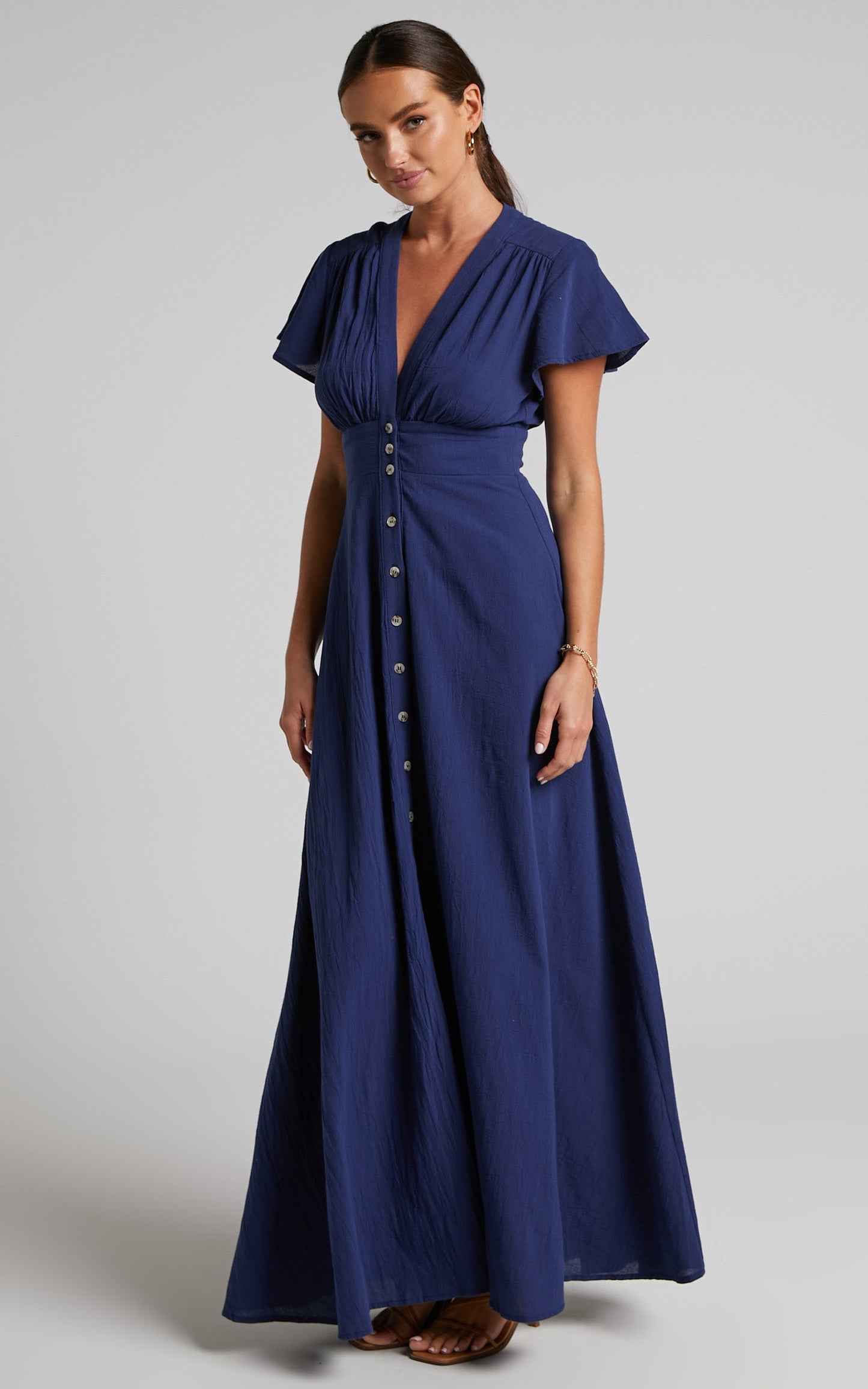 Elijah Midi Dress - Empire Waist Button Down Dress in Navy