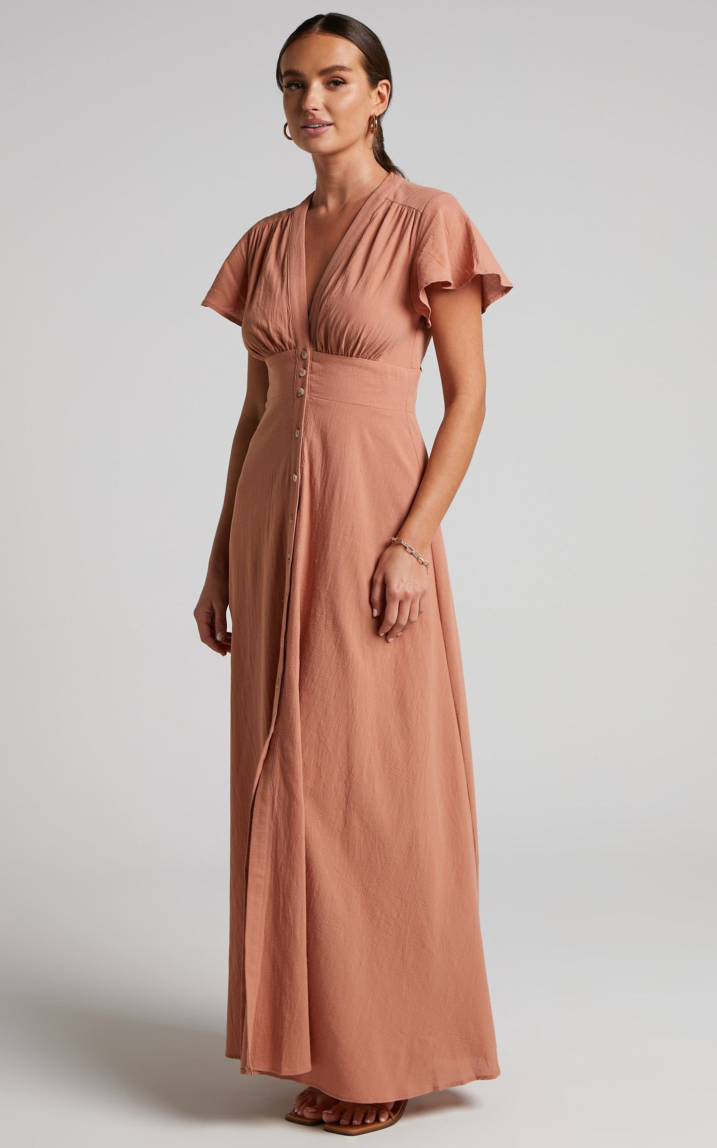 Elijah Midi Dress - Empire Waist Button Down Dress in Rust