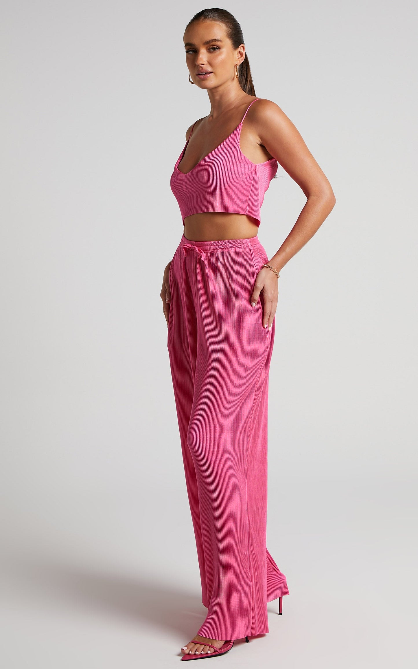 Elowen Two Piece Set - Plisse Crop Top and Relaxed Wide Leg Pants Set in Pink