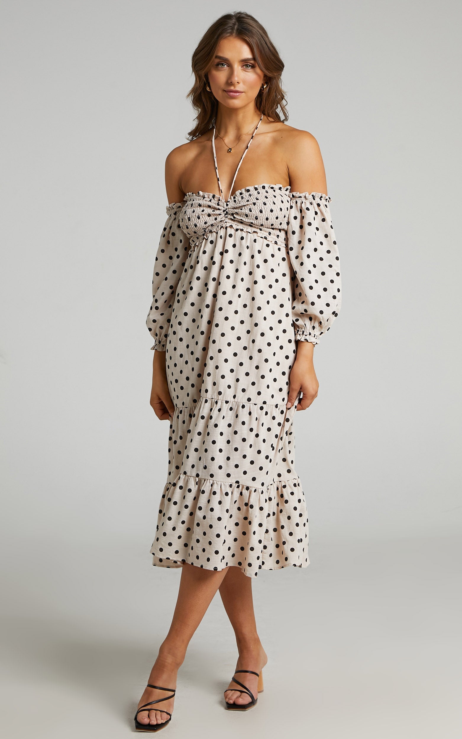 Emmah Midi Dress - Linen Off Shoulder Tiered Dress in Beige