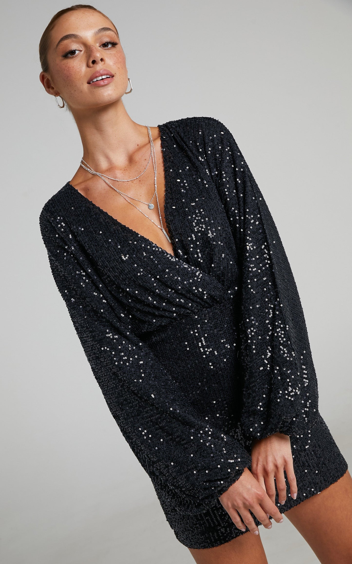 Erine Mini Dress - Long Sleeve Sequin Dress in Black