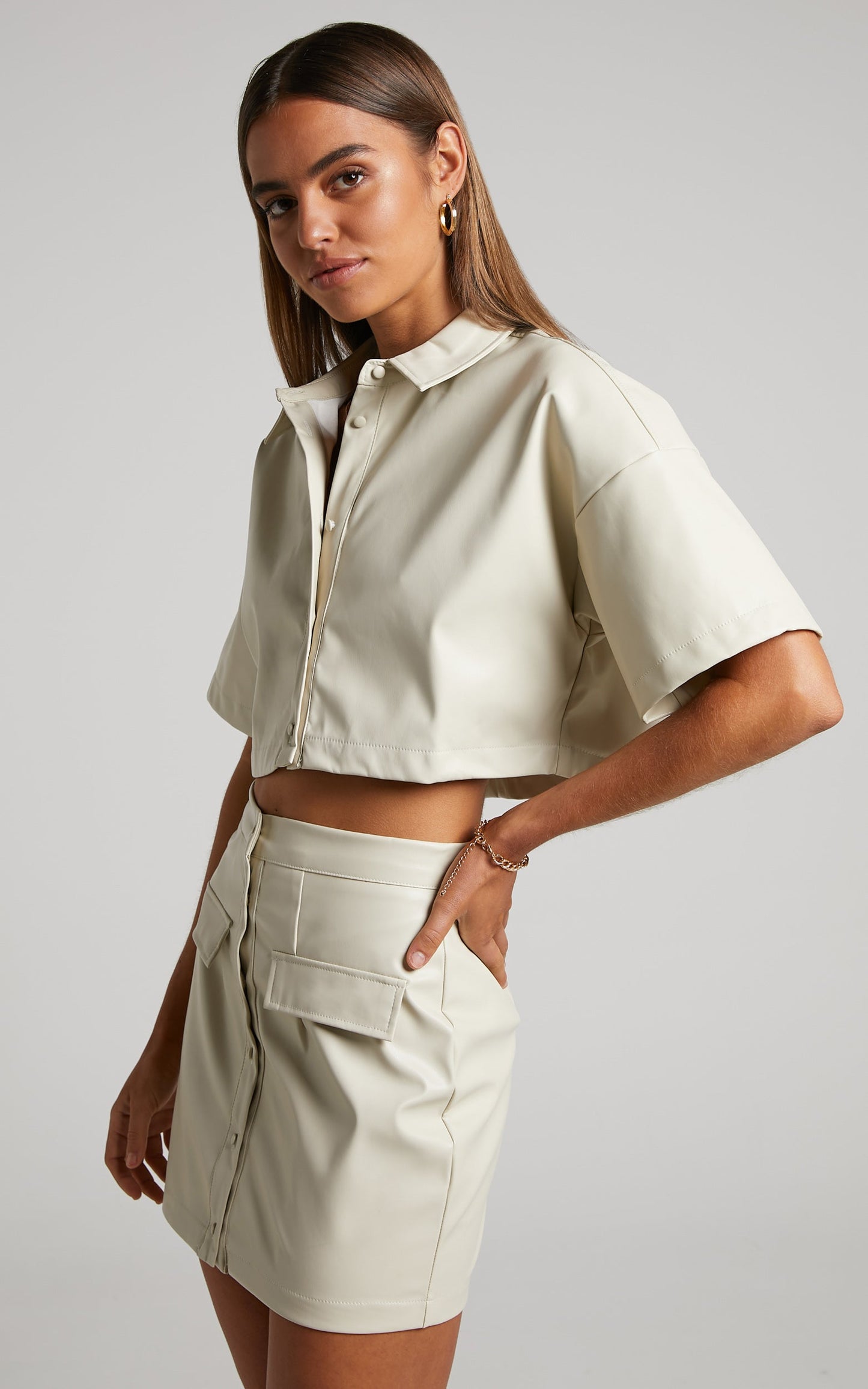 Ferrah Two Piece Set - Faux Leather Button Front Crop Top and Mini Skirt in Ecru