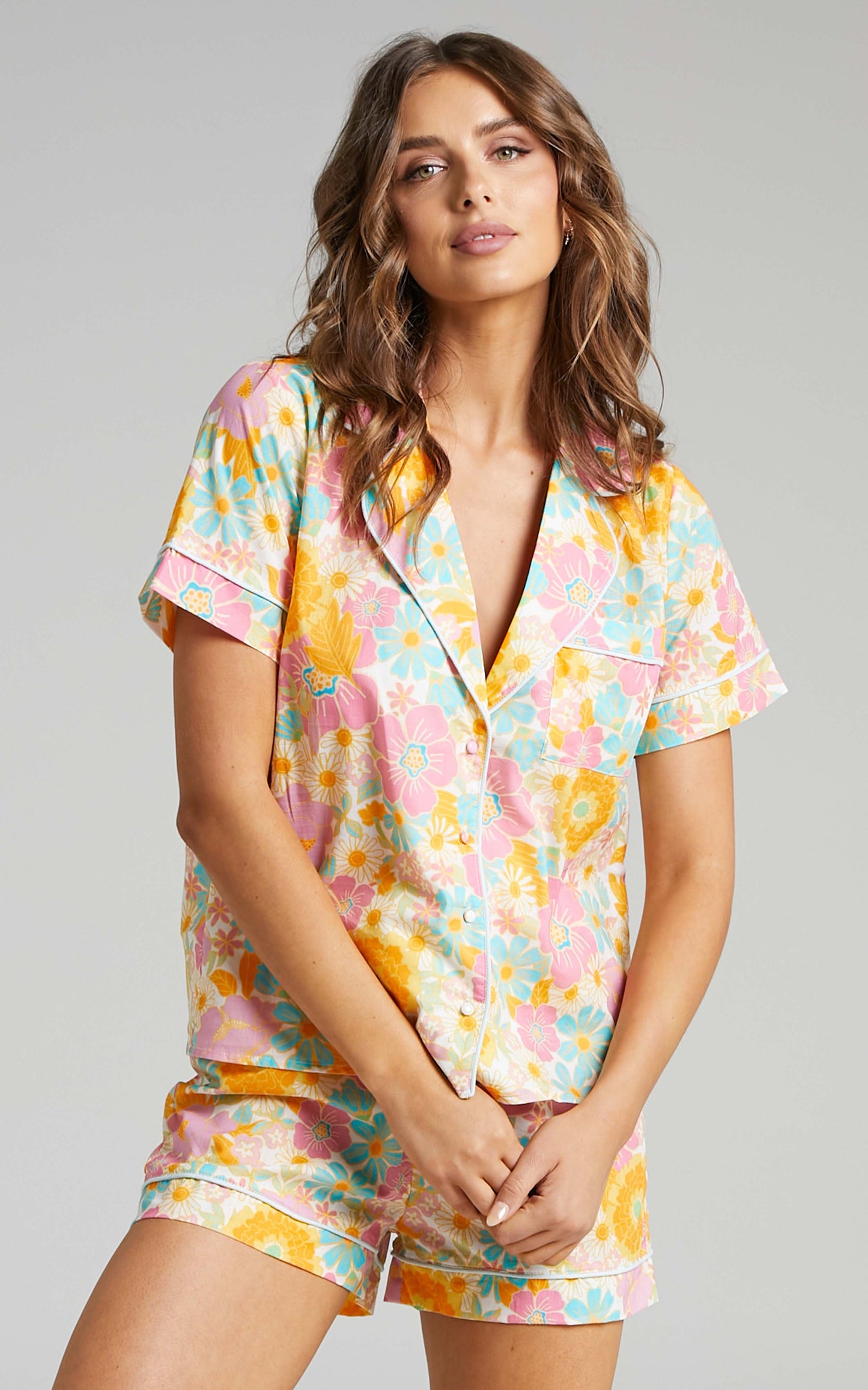 Freyda Cotton Voile Sleep Collared Shirt Two Piece Set in Pink Floral