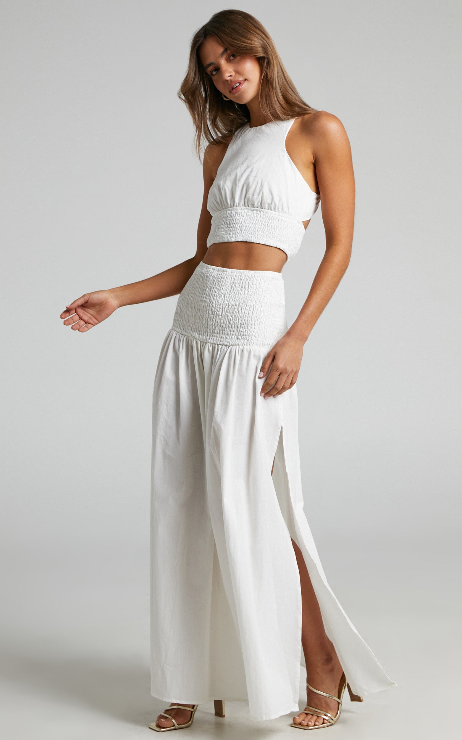 Gracelynn Two Piece Set - Cut Out Back and Racer Top and Shirred Waist Midi Skirt Set in White