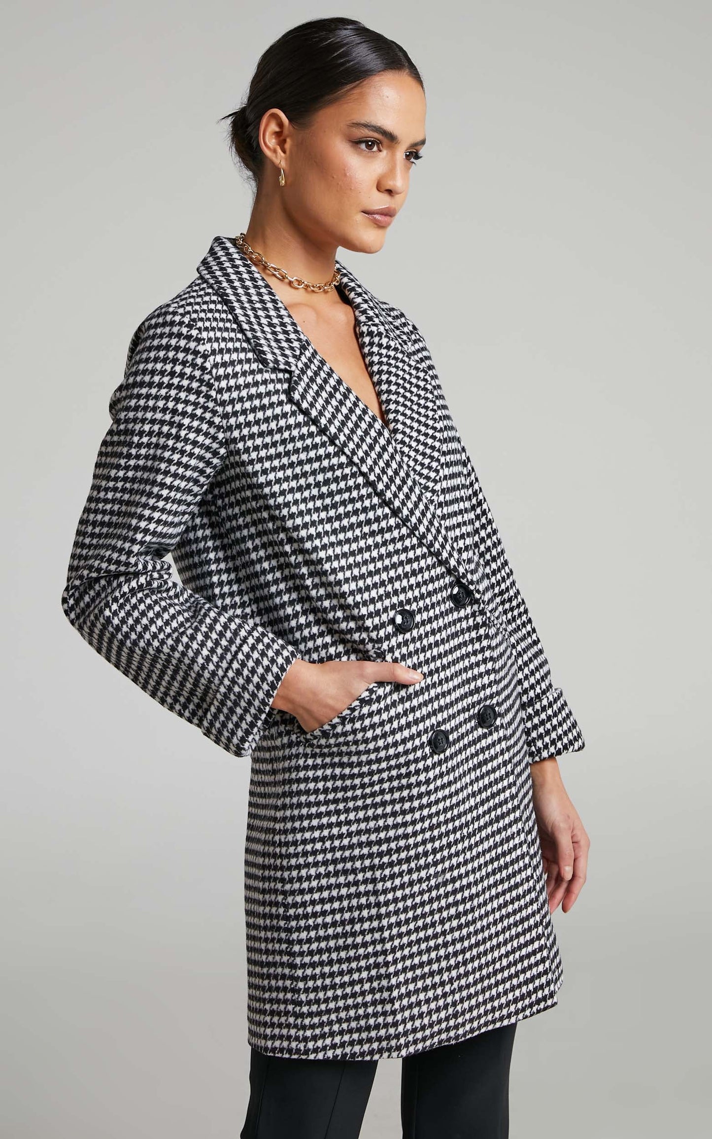 Hermeena Coat - Linen Look Double Breasted Longline Coat in Black/White check