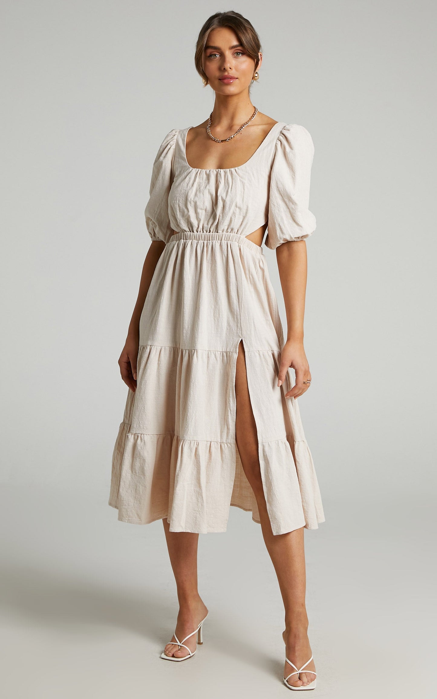 Ianthea Cut Out Tiered Midi  Dress in Beige