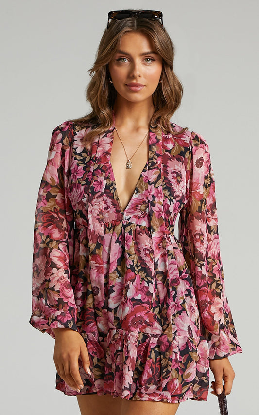 Janessa Tie Front Shift Mini Dress in Boudoir Blooms