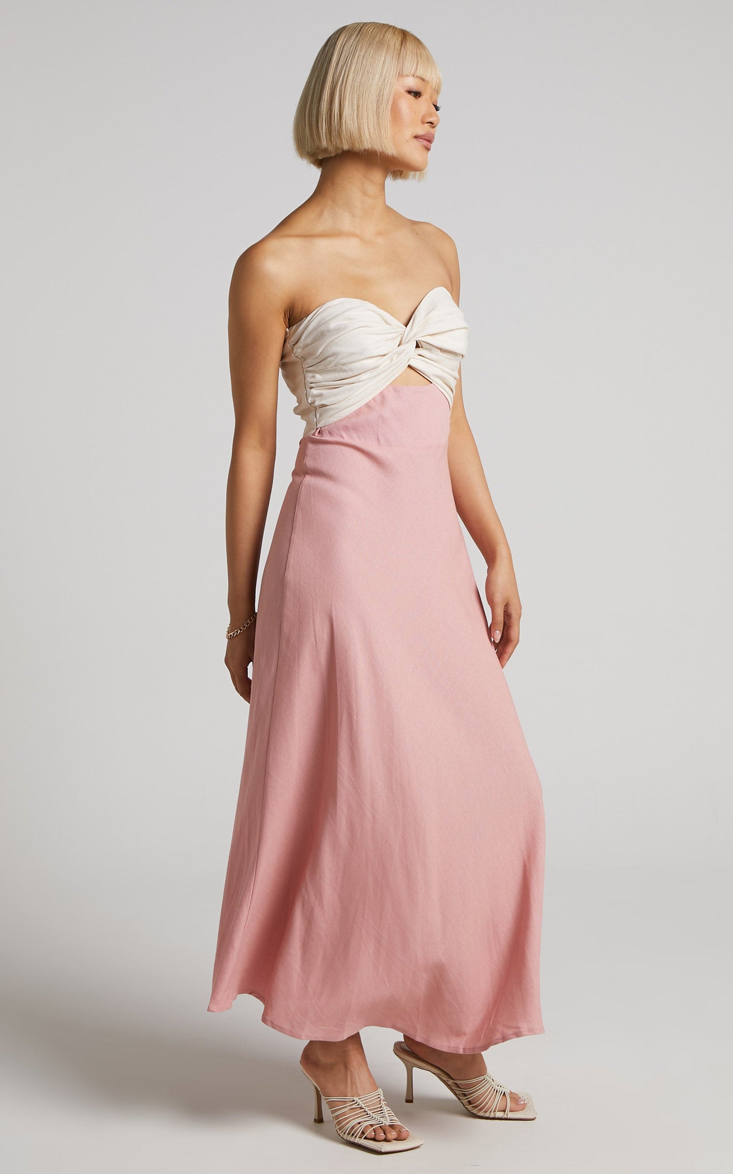 Jaqueline Maxi Dress - Two Tone Twist Front Strapless Sweetheart Dress in White & Pink
