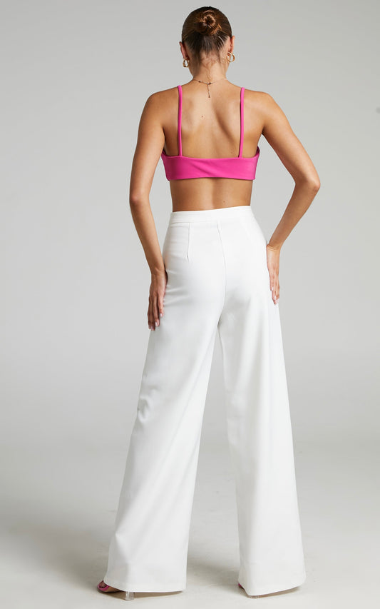 Jaxine - High Waisted Tailored Wide Leg Trousers in White