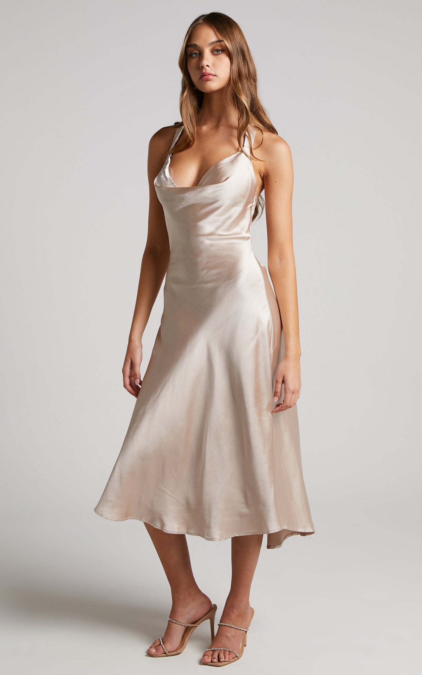 Jezra Midi Dress - Cowl Neck Satin Slip Dress in Champagne