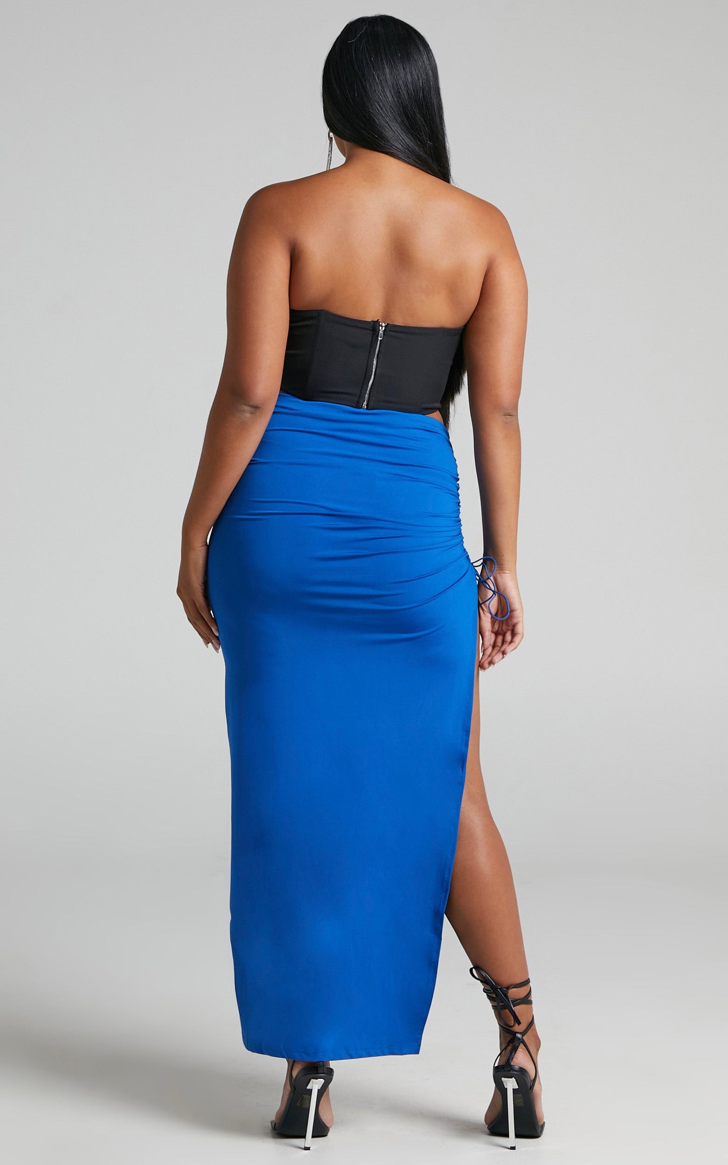 Jiraah Midi Skirt - Ruched Bodycon Side Split Skirt in Blue