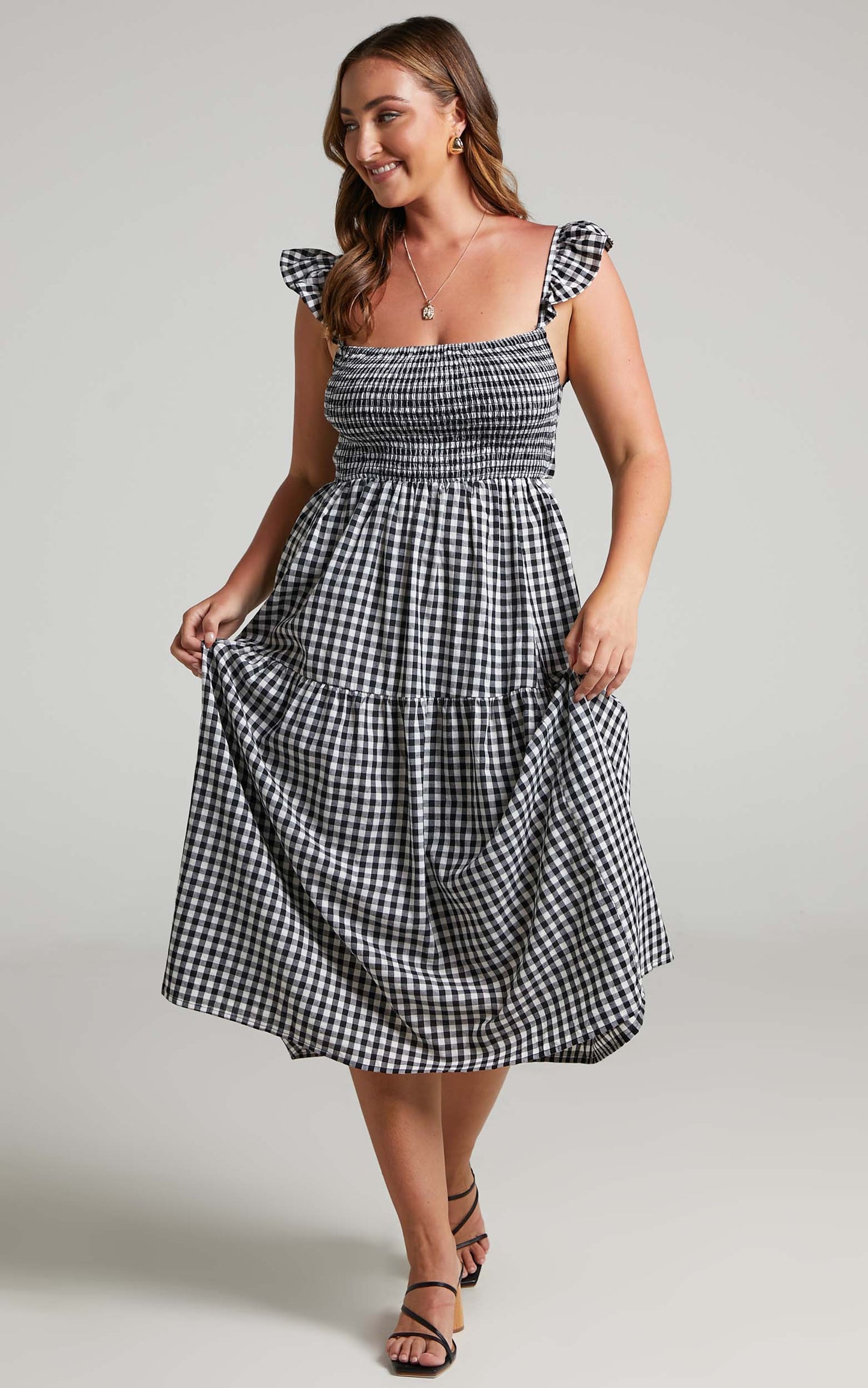 Kamrin Shirred Bodice Frill Sleeve Midi Dress in Black Gingham Print