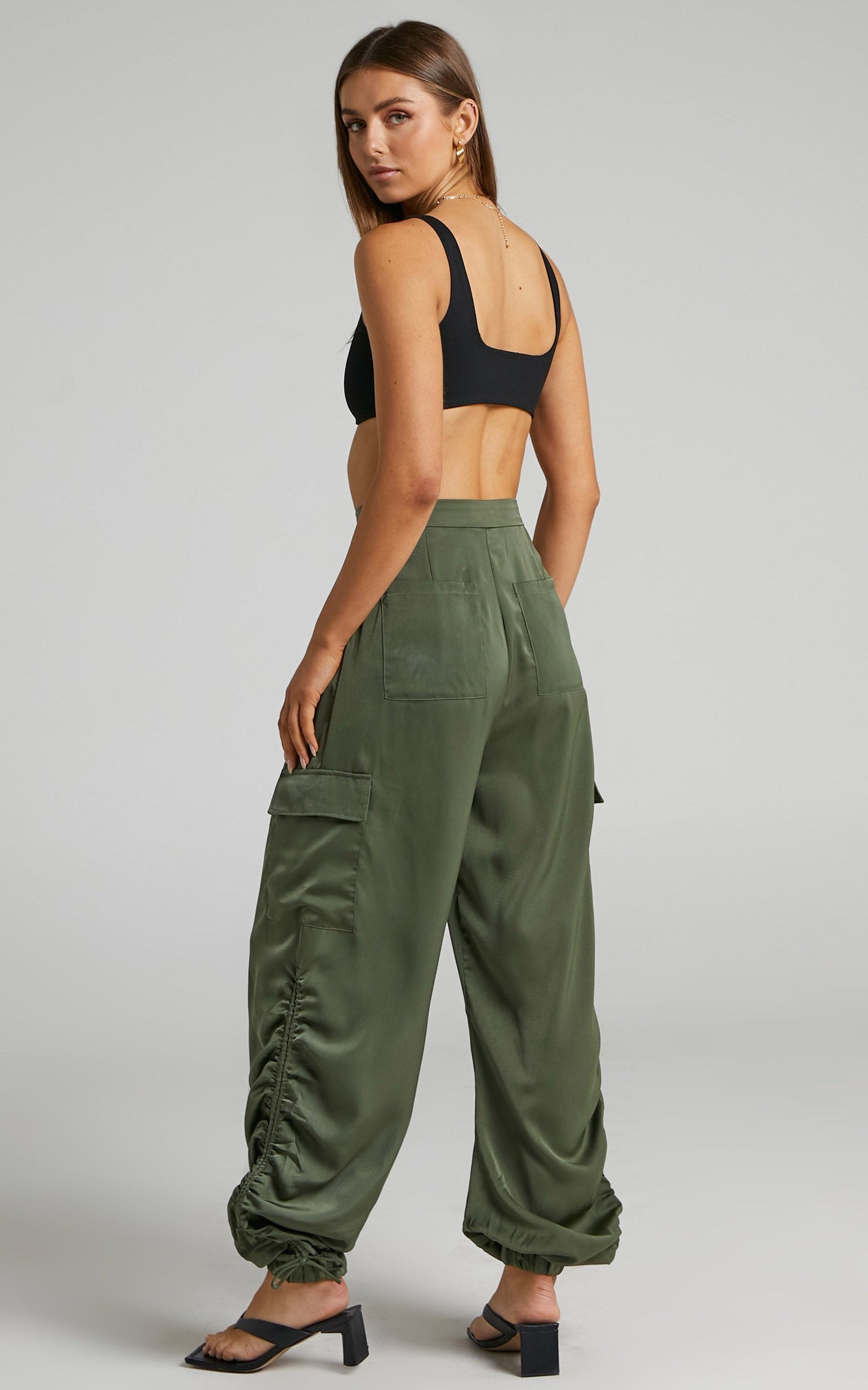 Kimme Ruched Satin Cargo Pants in Khaki
