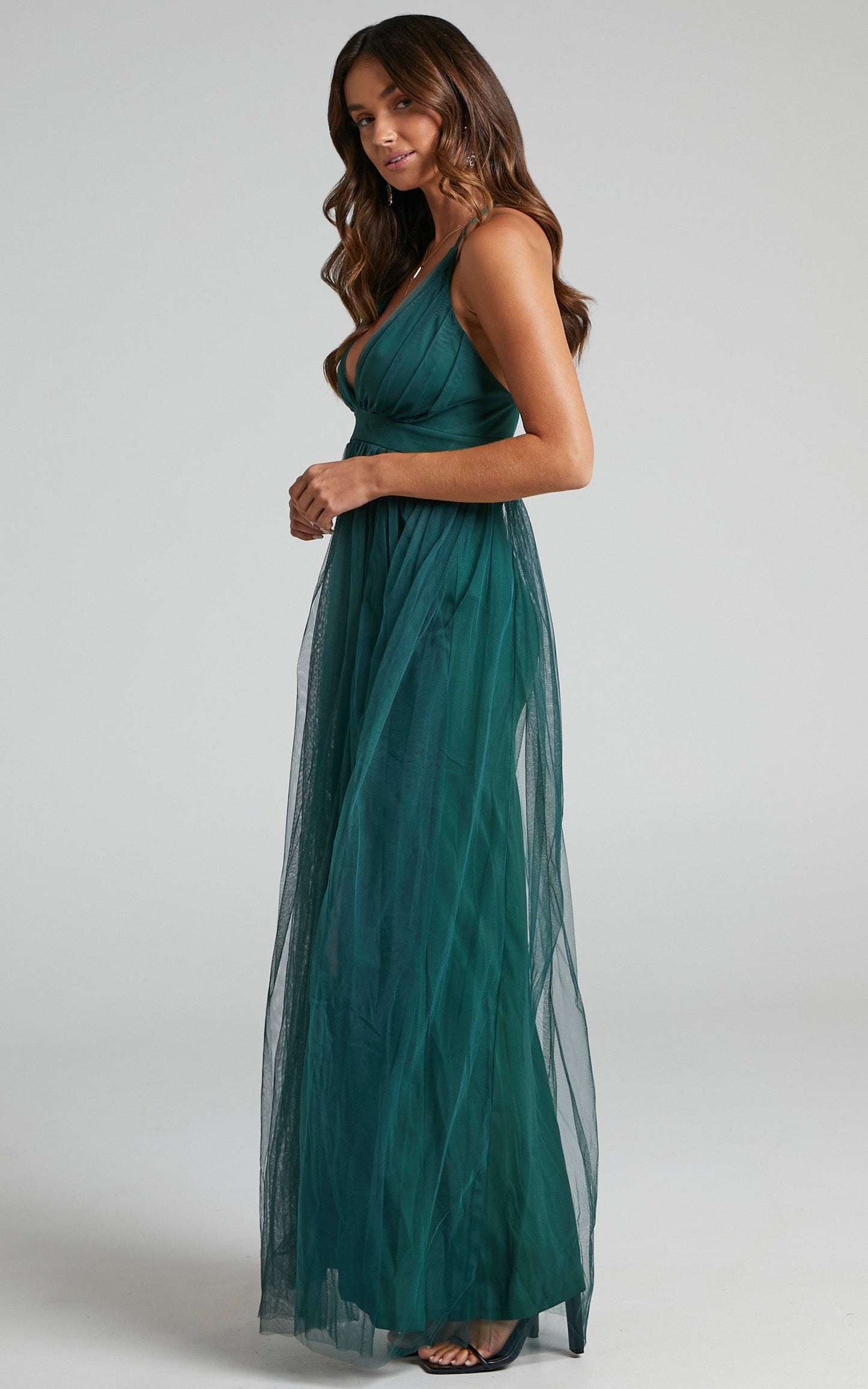 Like A Vision Midi Dress - Plunge Thigh Split Dress in Emerald Tulle