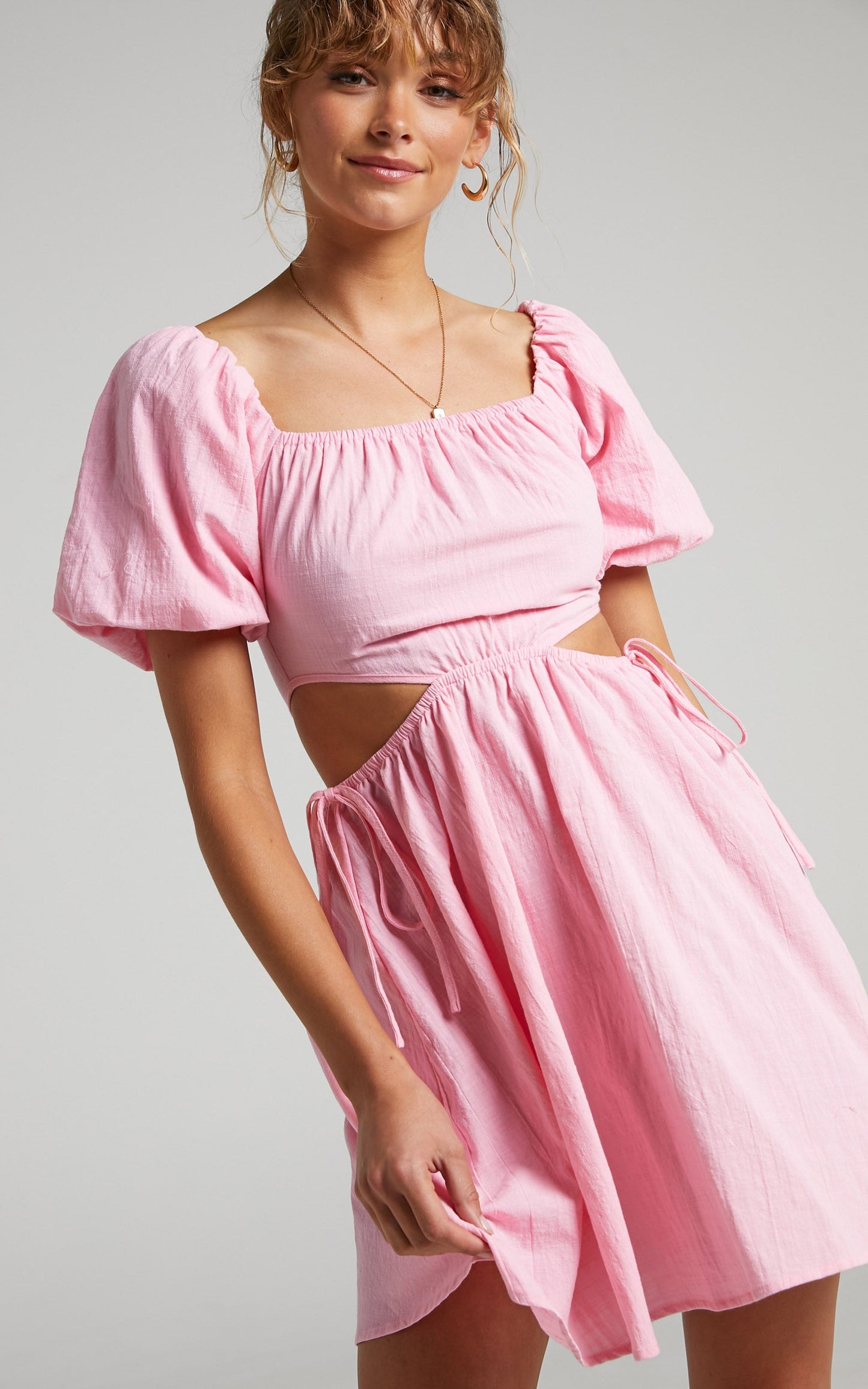 Loriella Linen Waist Cut Out Skater Skirt Dress in Dusty Pink