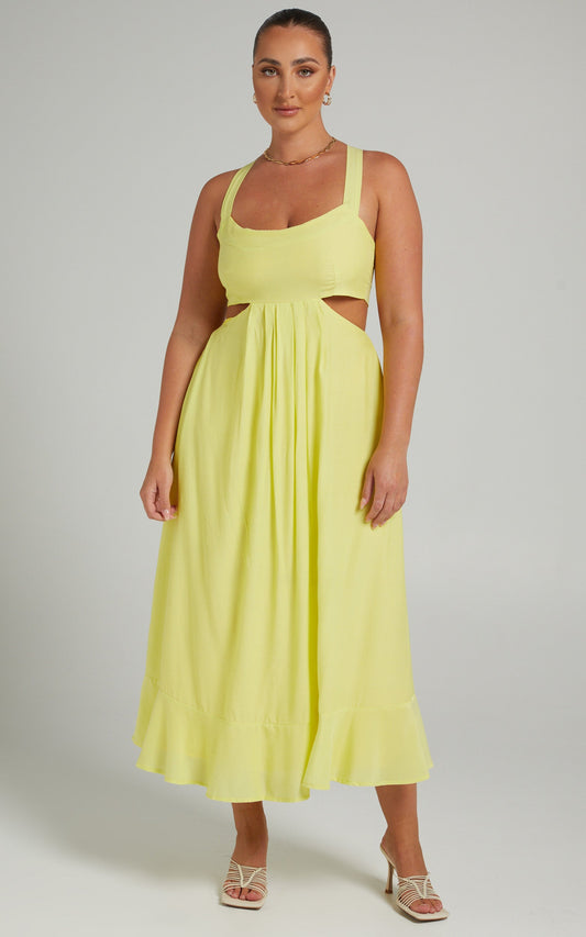 Leontine Midi Dress with Tie Up Back in Lemon