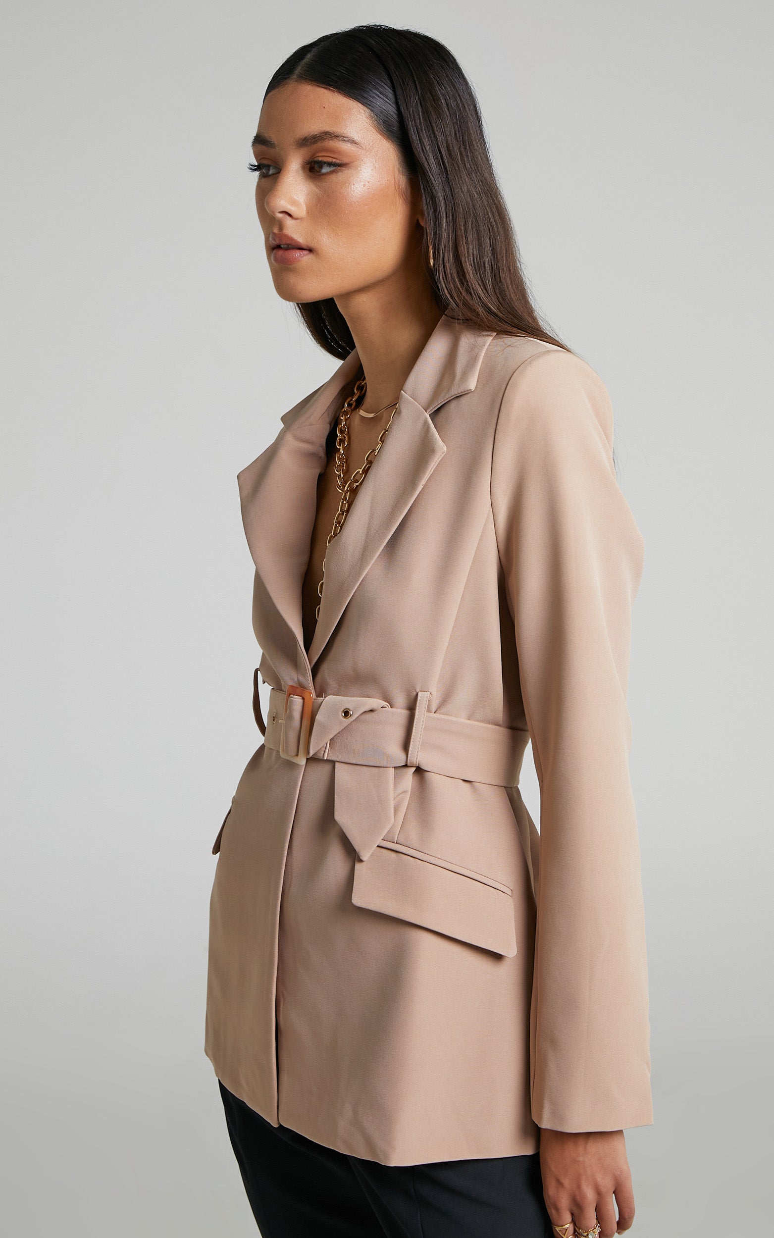 Mikirie Belted Cut Out Blazer in Tan
