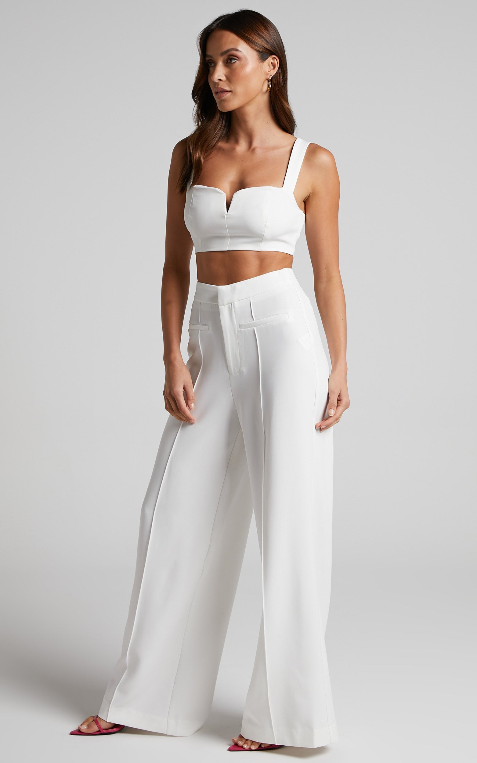 Maida Two Piece Set - V Front Crop Top and Wide Leg Pants Set in Ivory