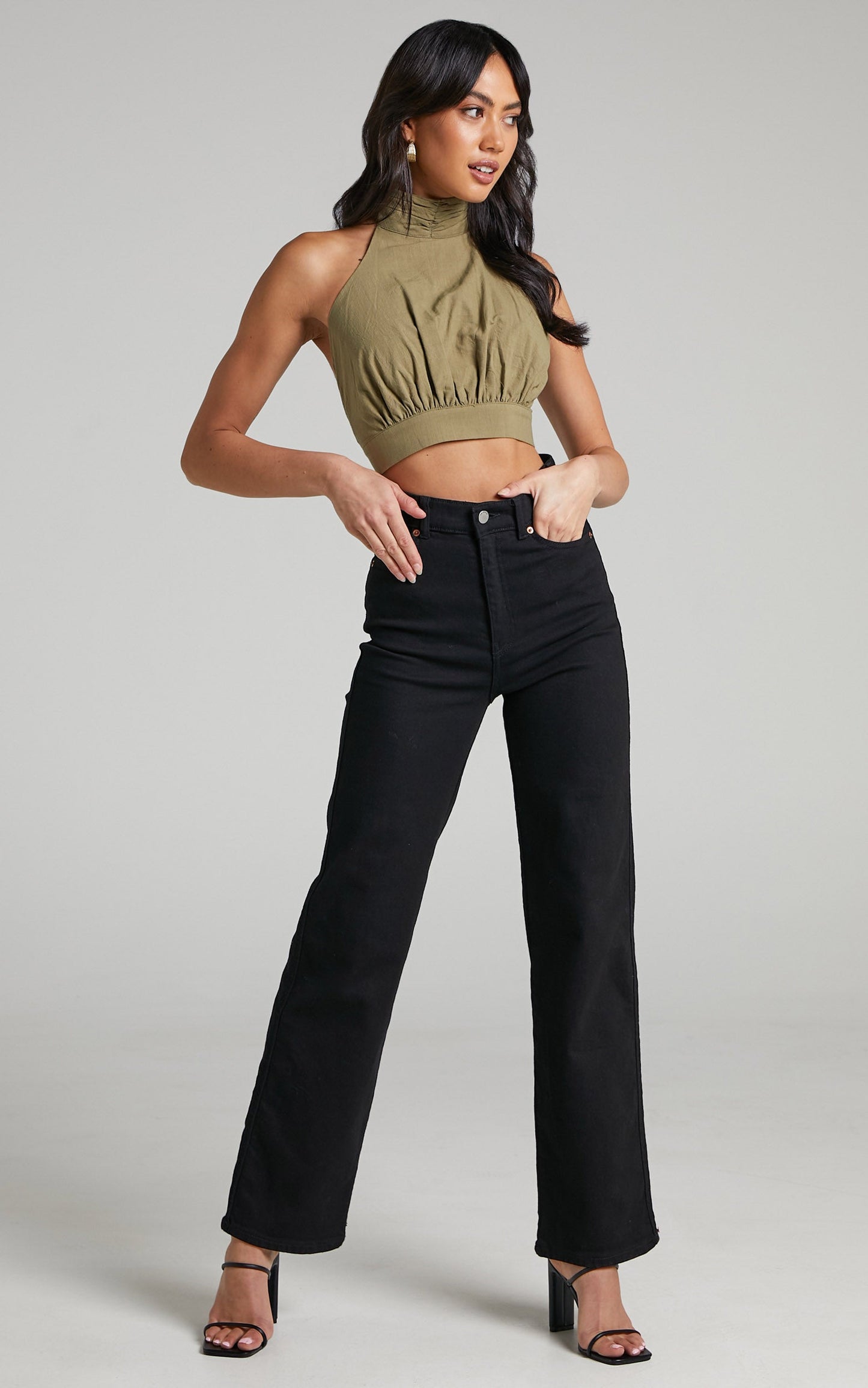 Margotha Tie Back Halter Crop Linen Blend Top in Khaki