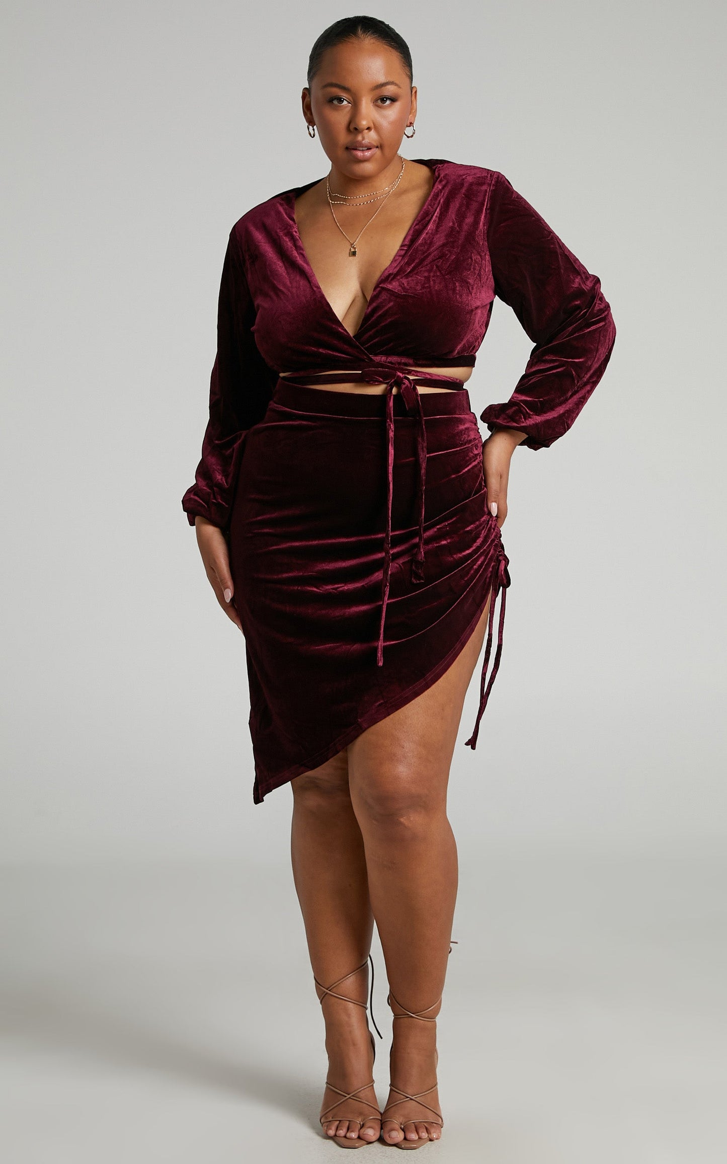 Maybelyn Mini Skirt - Velvet Ruched Asymmetric Skirt in Burgundy