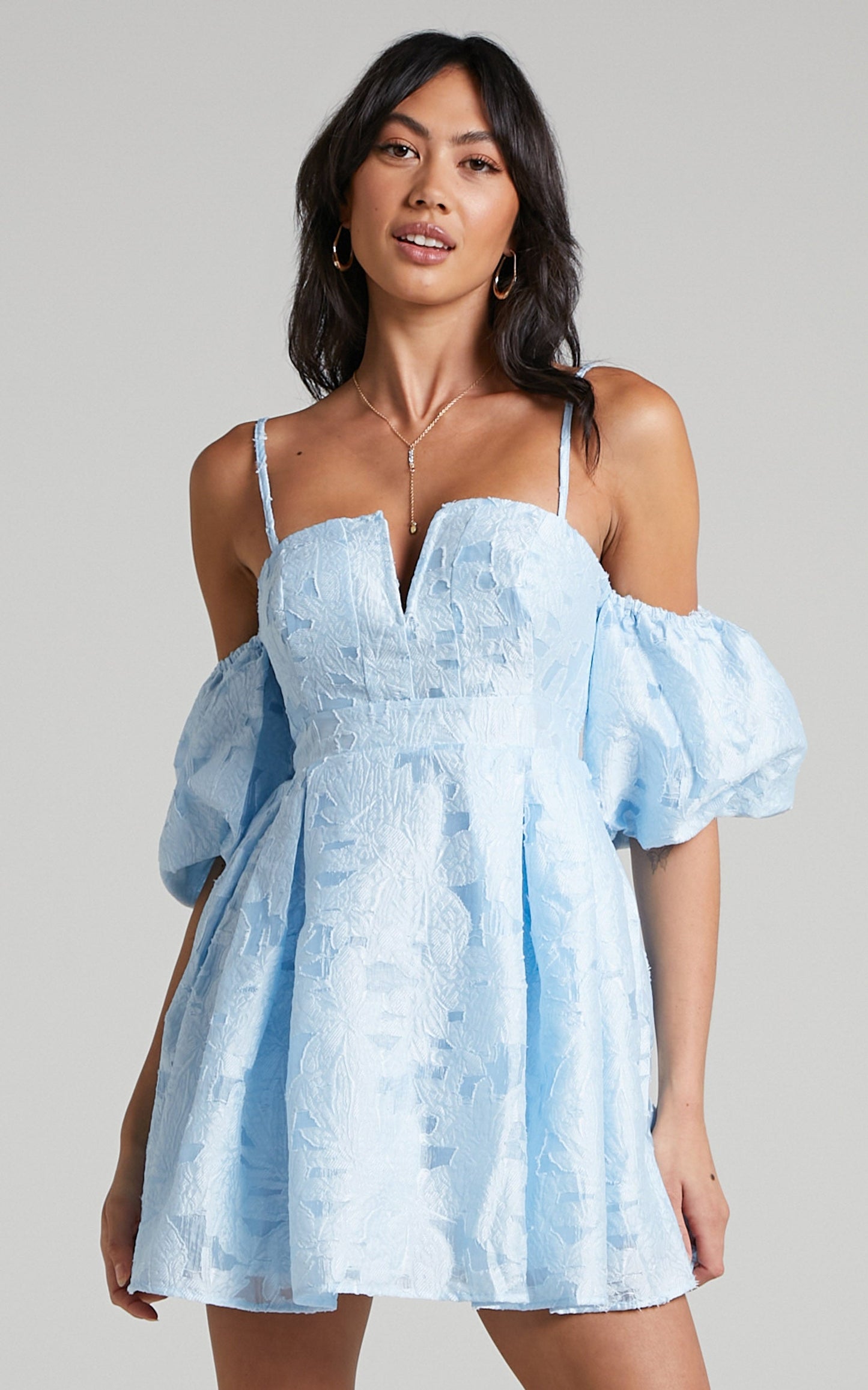 Mayca Off Shoulder Mini Dress in Ice Blue