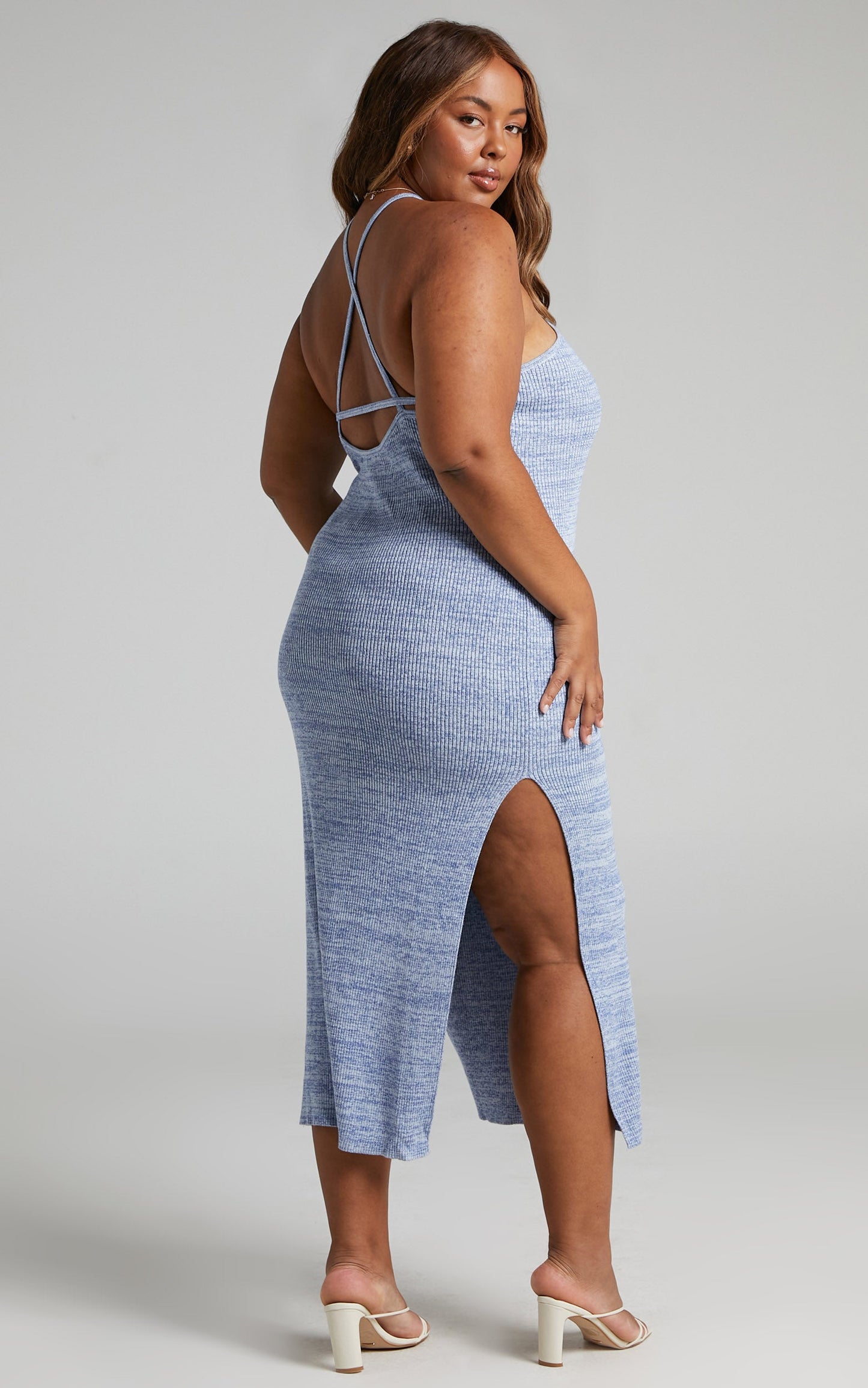 Merithel Midi Dress - Ribbed Knit Cross Halter Dress in Space Dye Blue