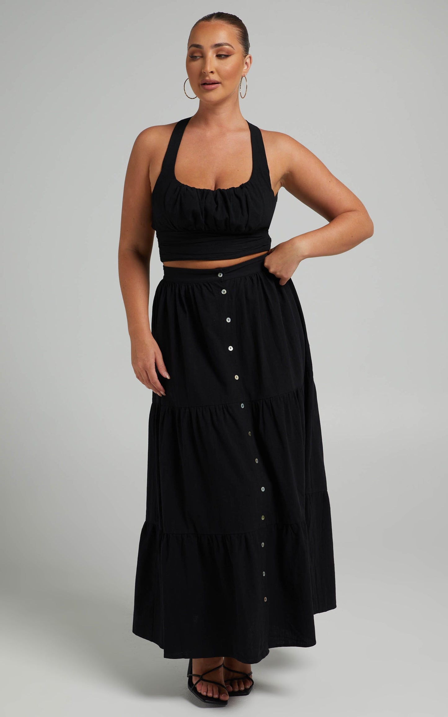 Arabella Tiered Button Front Maxi Skirt in Black