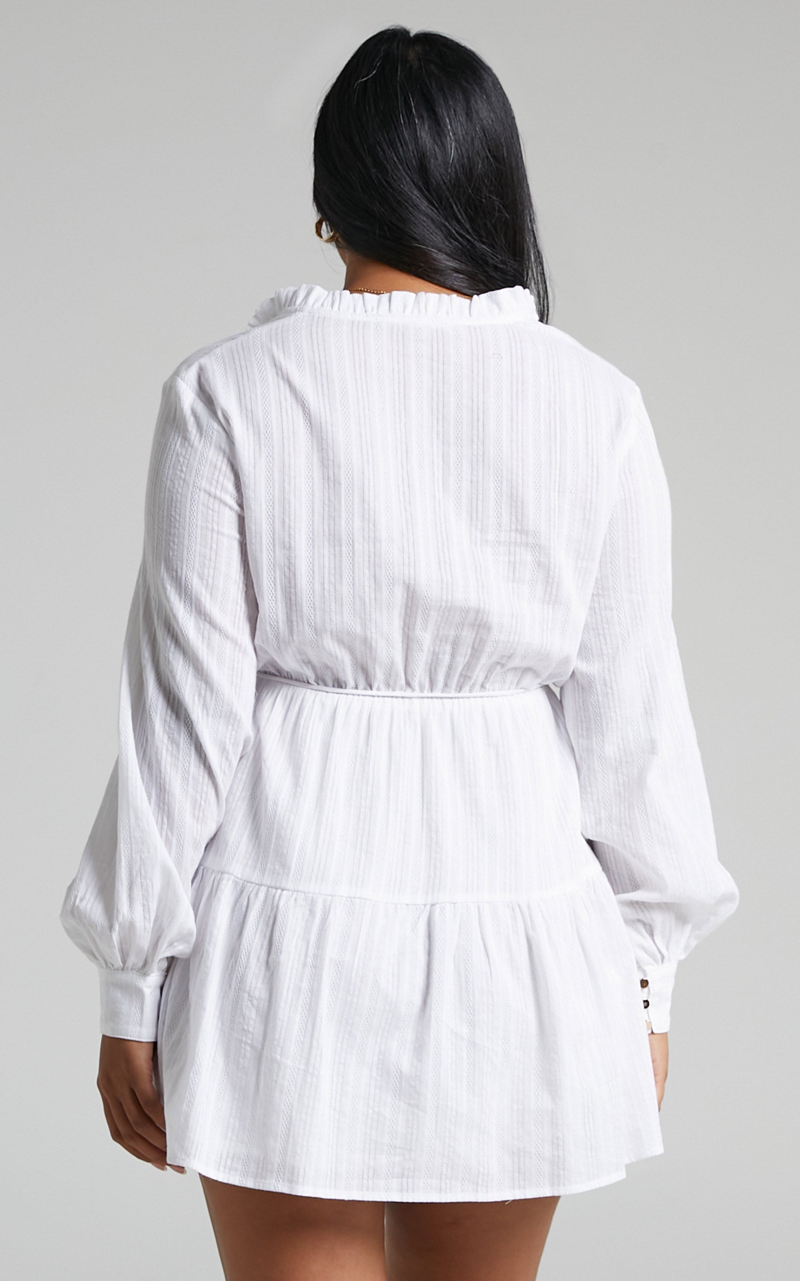 Mindii Cotton Button Front Balloon Sleeve Tiered Mini Dress in White